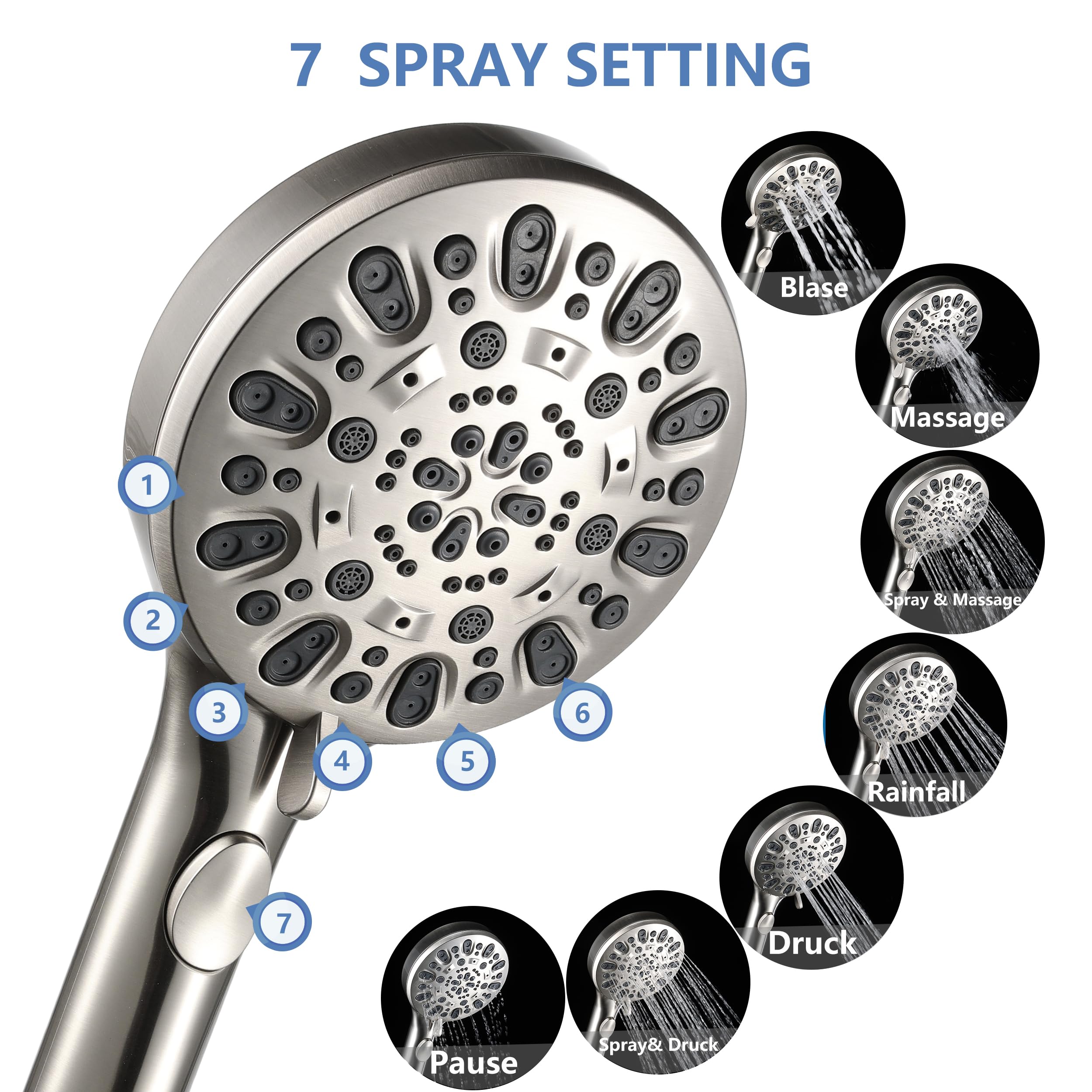 Iopsk Shower Head with Handheld 7 Spray Combo,Hand Held Showerhead with On/Off Switch,High Pressure Detachable Shower Heads with 60
