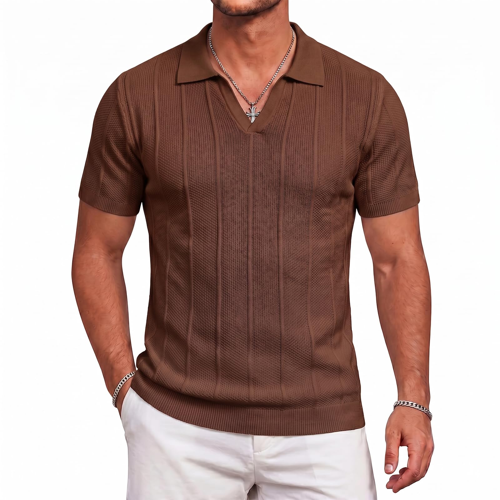 Men's Knit Polo Shirts V Neck Short Sleeve Casual Breathable Soft Golf Shirt