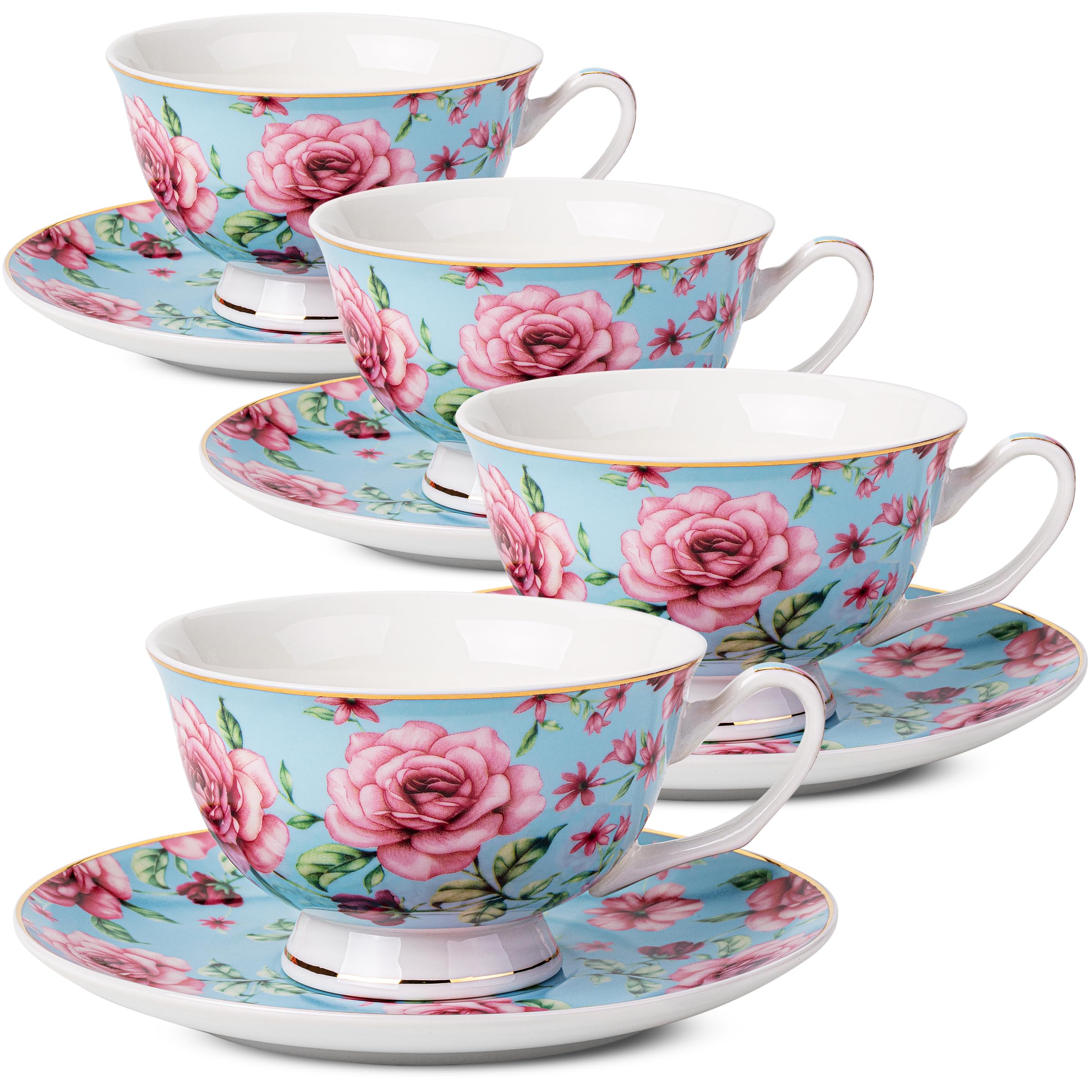 BTaT- Floral Tea Cups and Saucers, Set of 4, 8 oz, Fine Porcelain