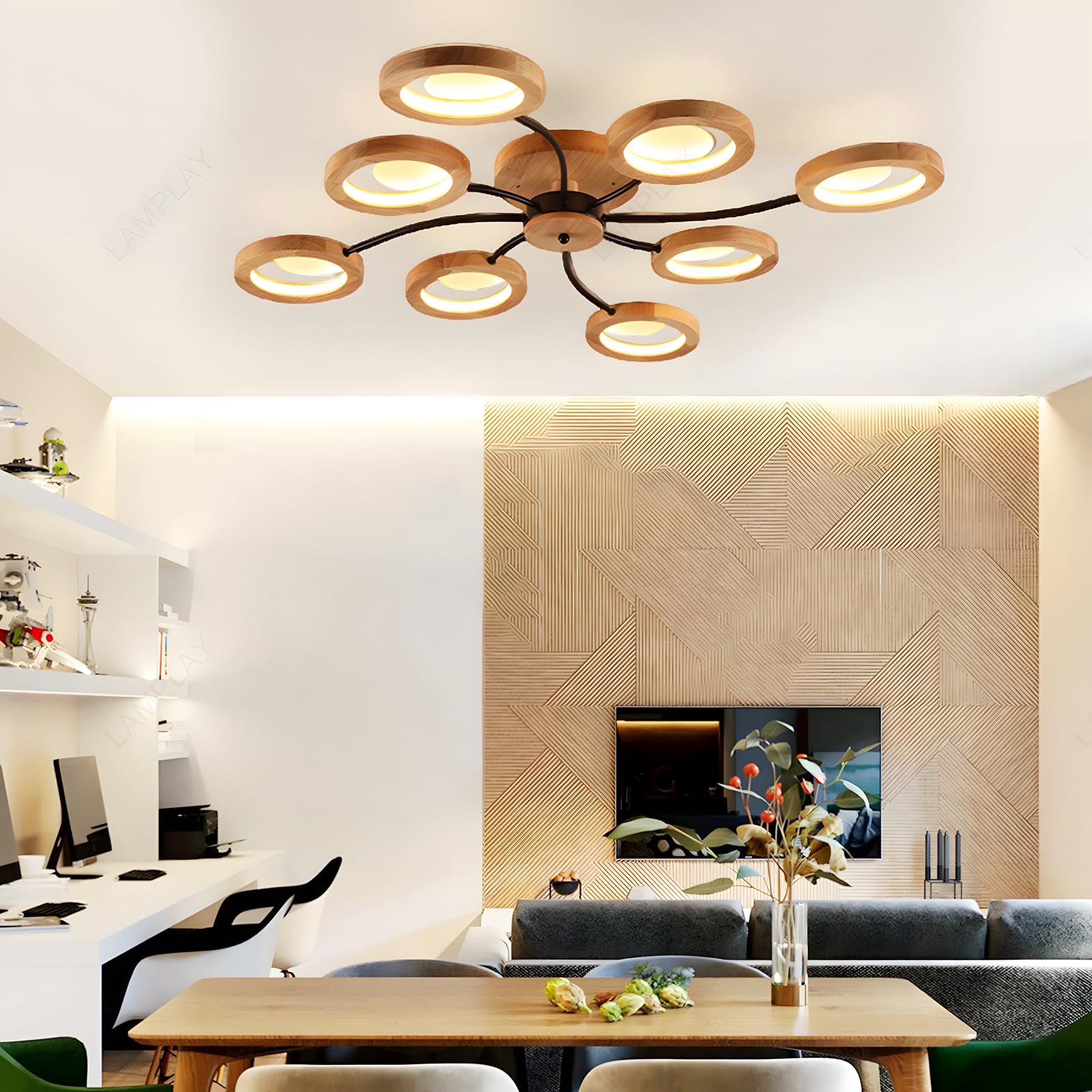 Lampada Da Soffitto Moderna A LED, Lampadario Ø114cm Dimmerabile Con Telecomando 3000K-6000K, Braccio Nero + 8 Anelli In Legno, Paralume In Metallo, Soggiorno Camera Da Letto Sala Da Pranzo