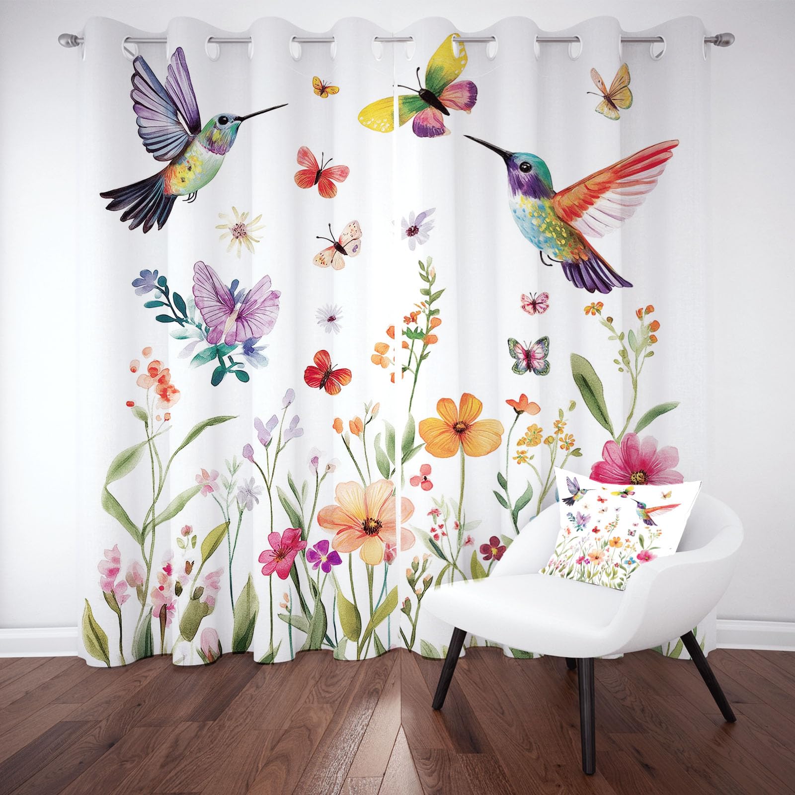 Colibri Oiseau Papillon Rideau Occultant L140 x H245 CM Lot de 2, Floral Pastoral Printemps Rideaux Thermique Isolant Anti Froid Chambre Rideau Isolation Phonique Opaque à Oeillets