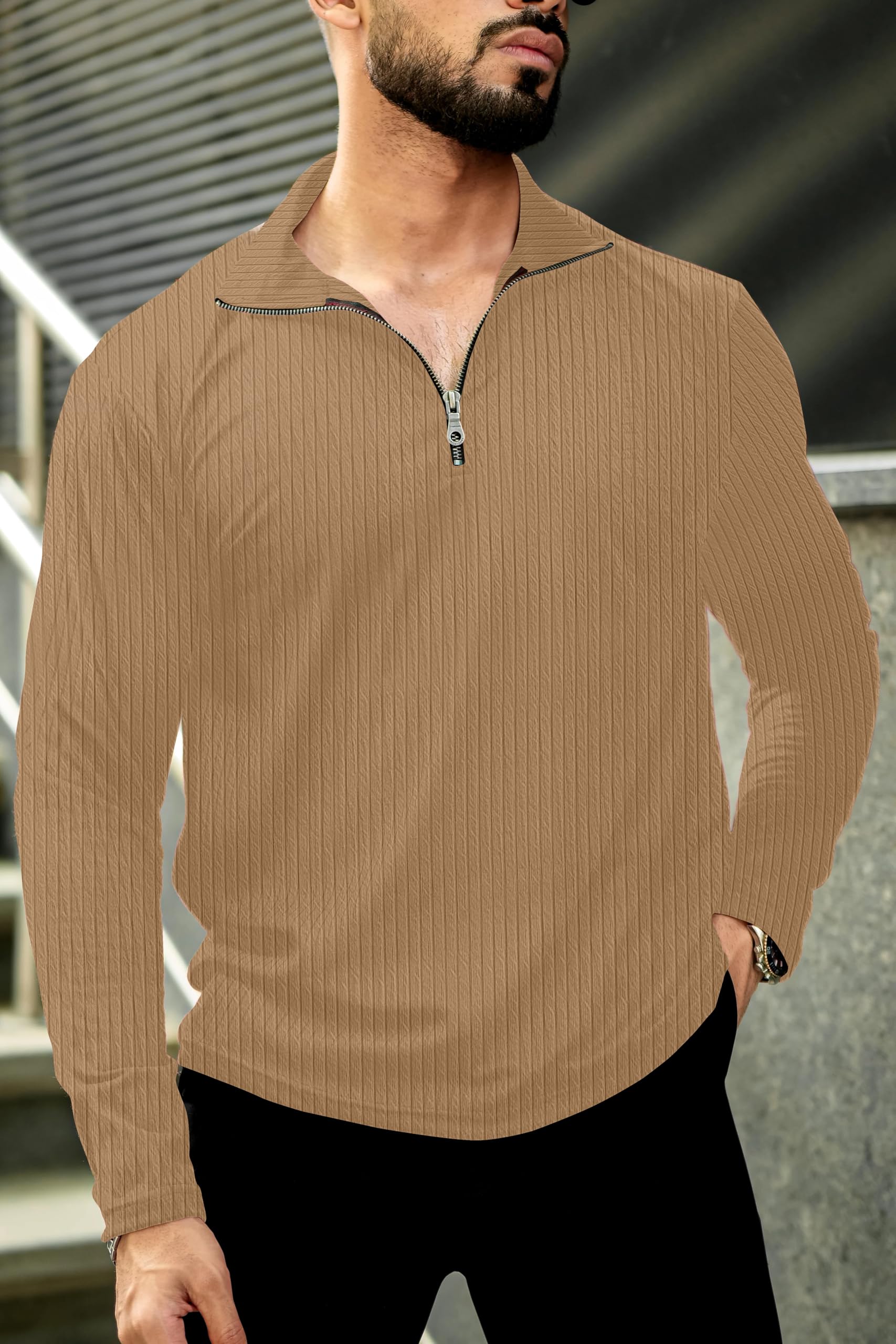 KAJARU Men's Quarter Zip Pullover T-Shirt, Cable Knit Pattern, Full Sleeve (in, Alpha, 2XL, CHIKU) - Image 8 thumbnail