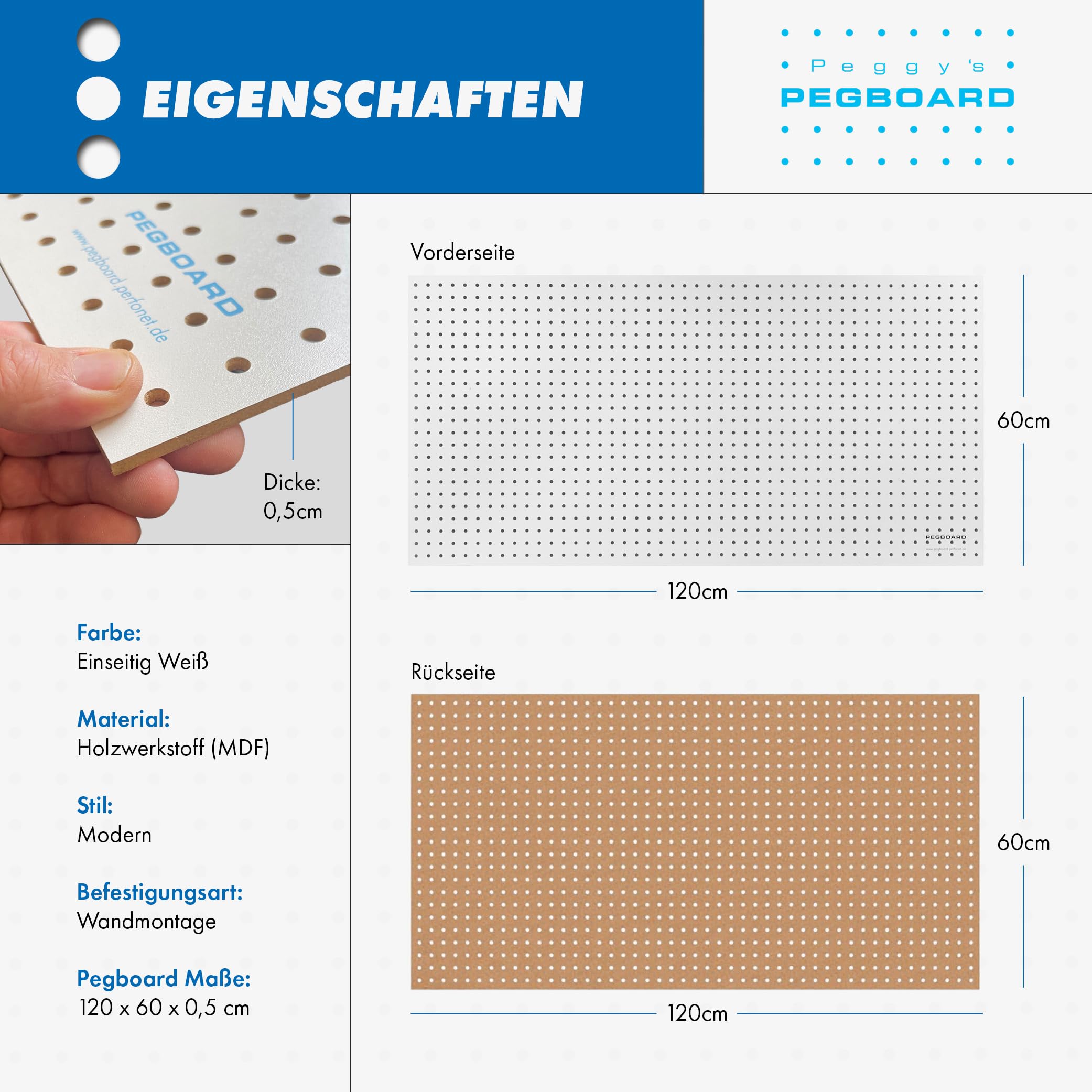 Pegboard Werkzeugwand aus Holz (MDF) inkl. 67-teiligem Hakenset - 120x60x0,5cm weiß/braun, Ø7mm Löcher & 25,4mm Lochabstand - für Werkstatt und mehr - FSC-zertifiziert & Made in Germany