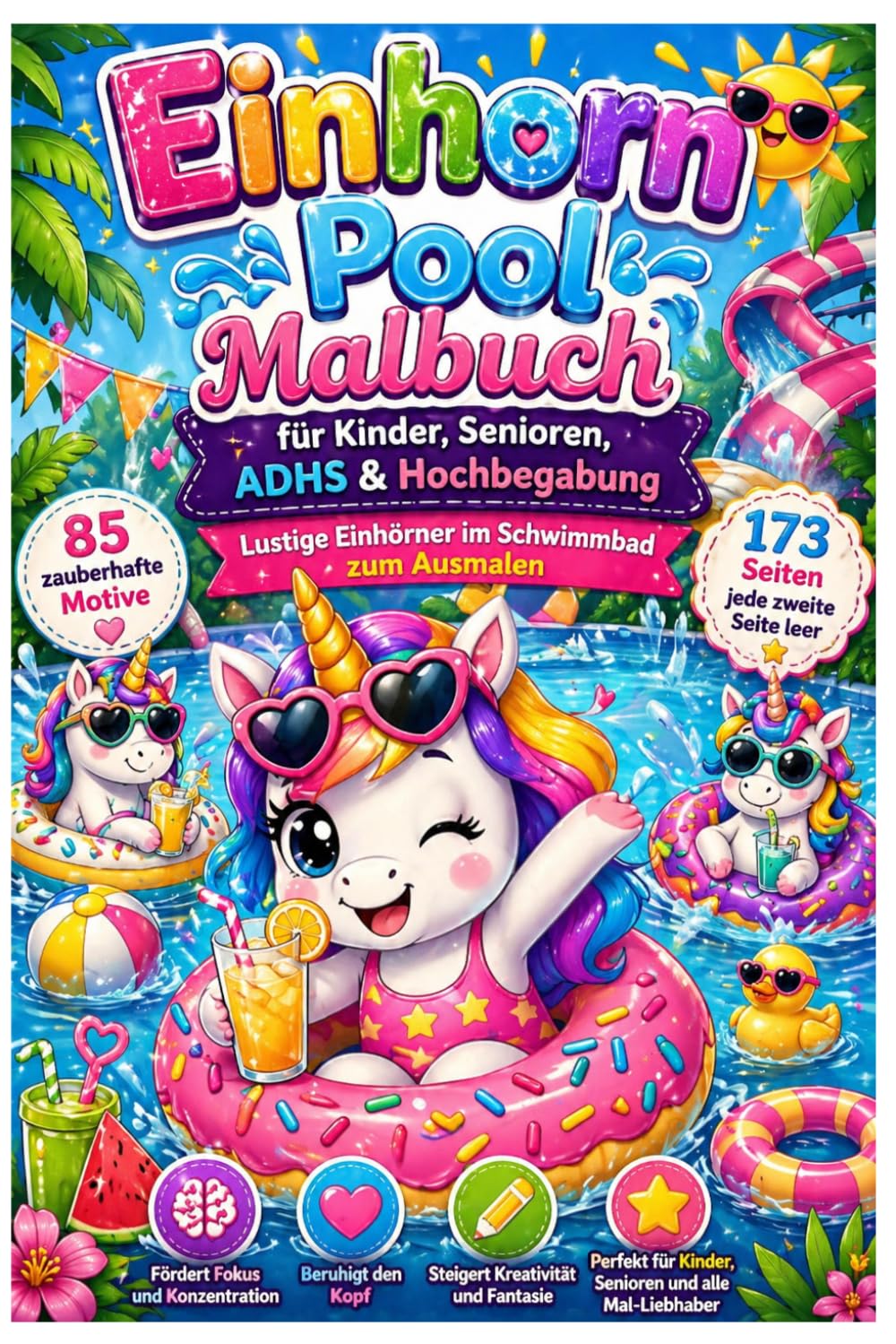 Einhorn Pool Malbuch für Kinder, Senioren, ADHS & Hochbegabung – Lustige Einhörner im Schwimmbad zum Ausmalen: 85 detailreiche Motive auf 173 Seiten – ... und Stressabbau – große und kleine Designs