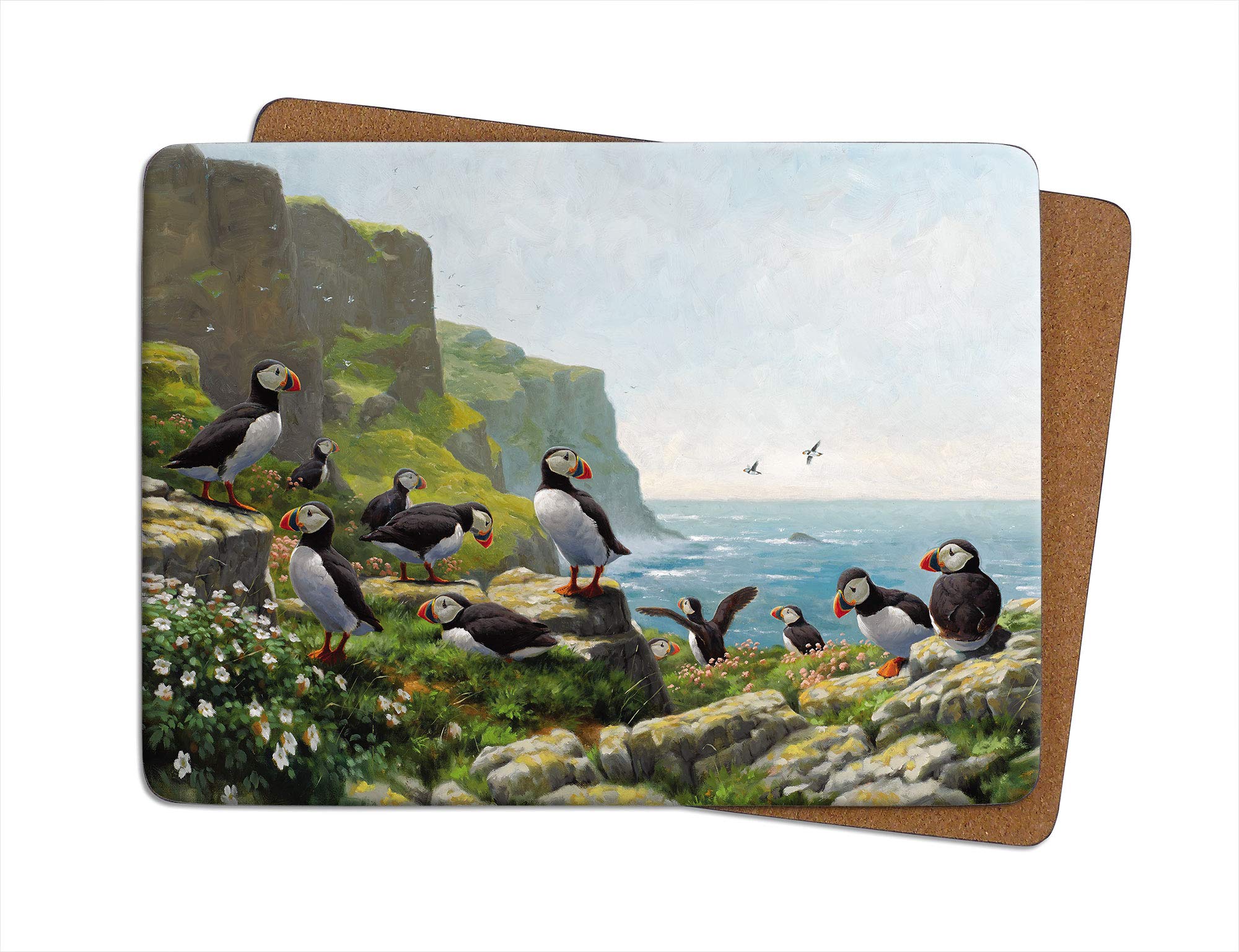Julian Friers Multicolor Puffins Roosting Large Table Mat By Wildlife Artist Non-Slip - Cork-Backed Placemat