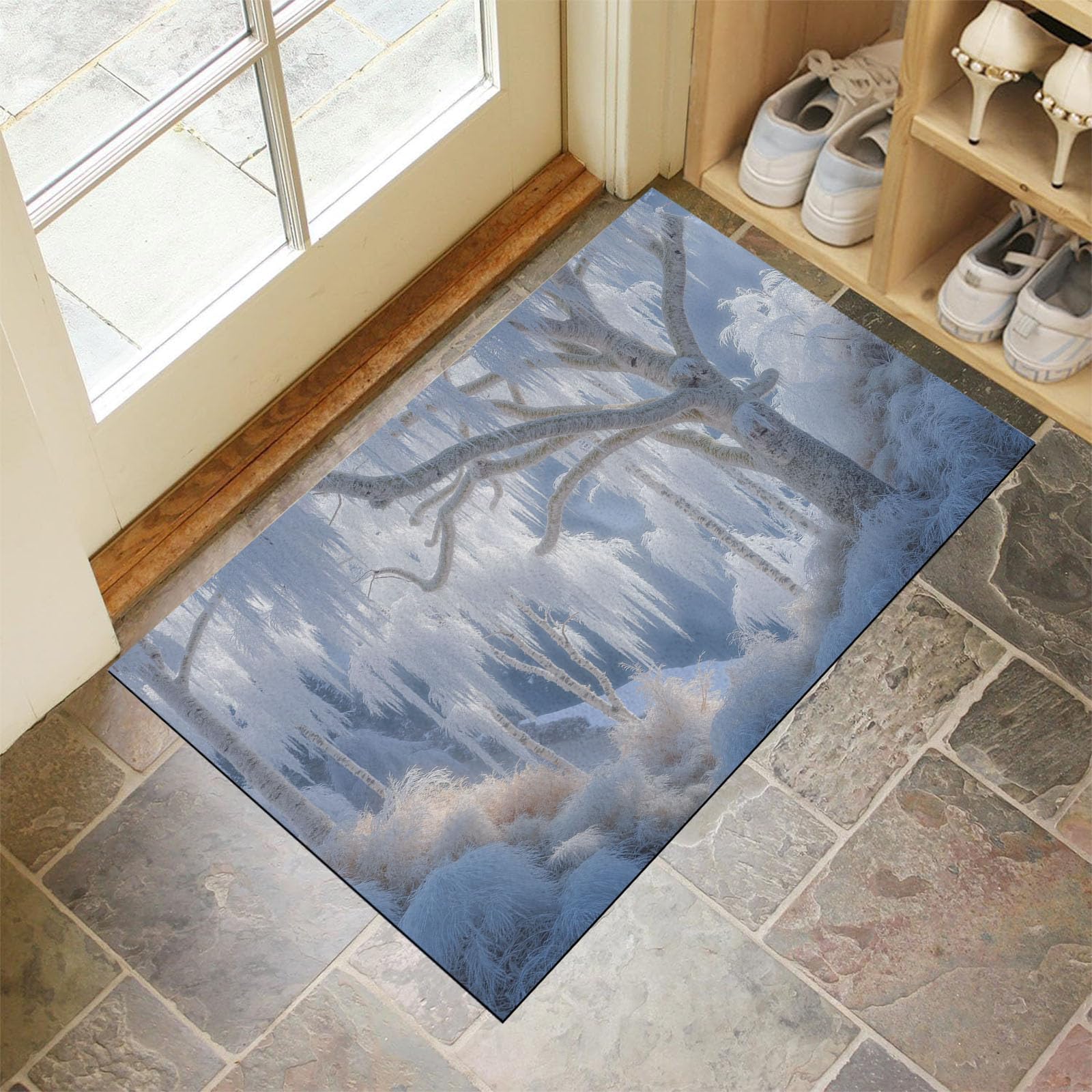 Paillasson Bleu-Gris Forêt de Neige 90x150cm | Tapis de Sol d'Entrée