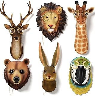 Yerliker 6 Pack Animal Heads Wall Decor Animal Sculptures Wall Decor Resin Animals Sculptures Head Hanging Decoration Vintage Sculpture for Bookshelf Living Room Bedroom Office