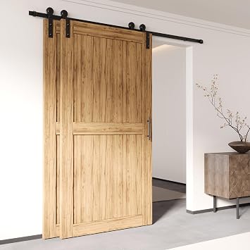 Homacer Black Rustic Single Track Bypass Sliding Barn Door Hardware Kit, for Two/Double Doors, 18ft Long Flat Track, Straight Design Roller