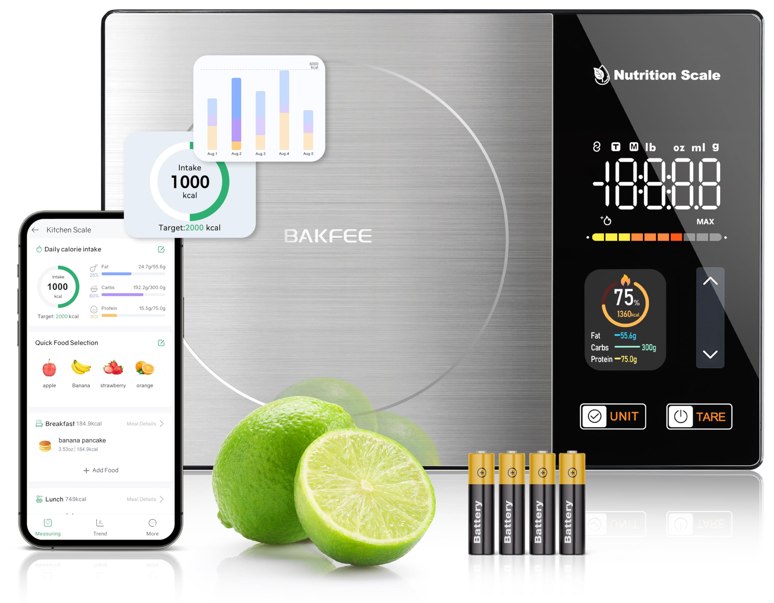 Intelligente Lebensmittelwaage mit Ernährungsrechner, Kalorienwaage zur Gewichtsreduktion, schnelle Lebensmittelauswahl und 23 Nährstoffverfolgung, Farbdisplay mit 5 Einheiten, Tare, Edelstahl