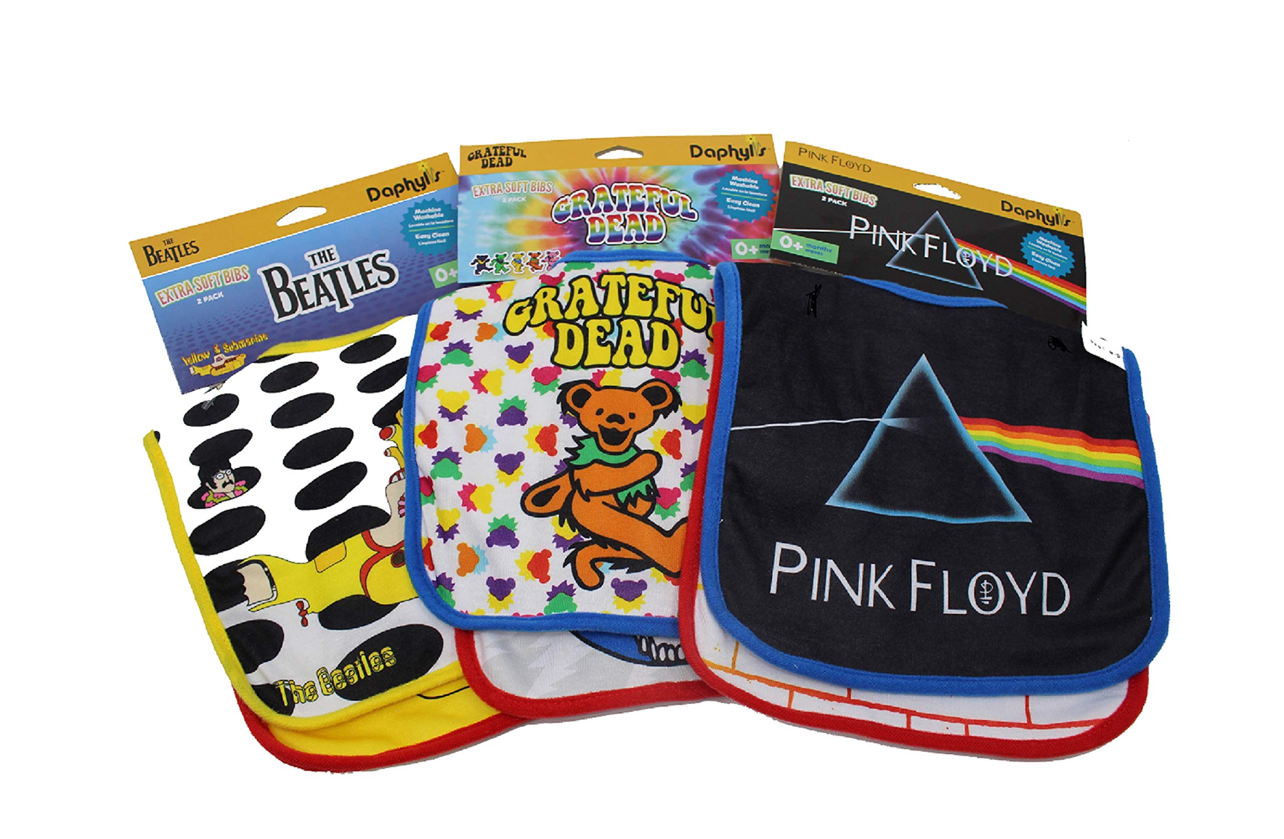 daphyls Grateful Dead, The Beatles, and Pink Floyd Baby Bib 6-Pack Extra Soft, Officially Licensed, Easy Side Closure, Large Size Fits Infant Toddler