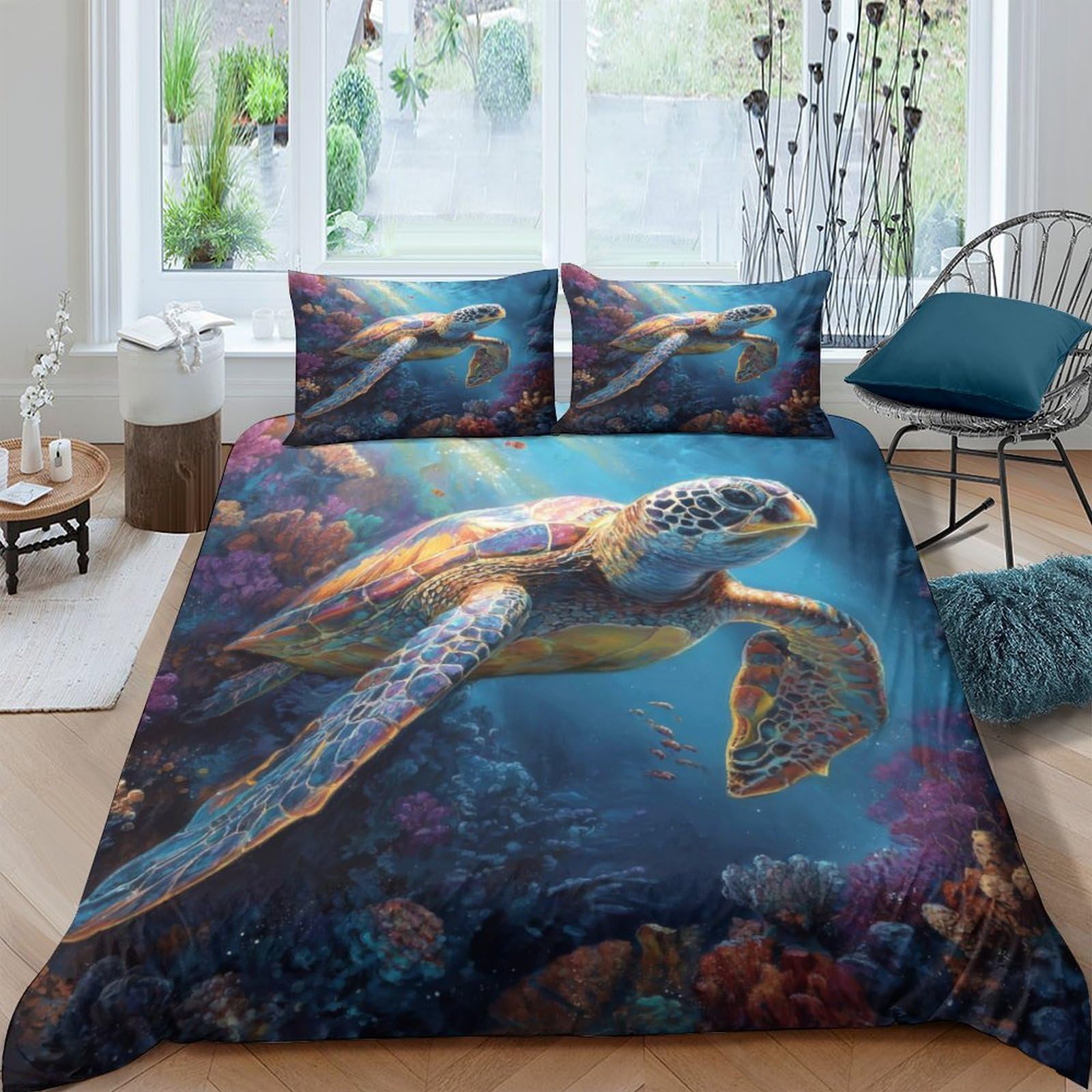 Ctjqhvkz Style-2 3D Printed Sea Turtle Fitted Sheet Microfiber Soft Breathable Coral Reef Mattress Cover For Bedroom Guest Room Decor Single（135X200cm）