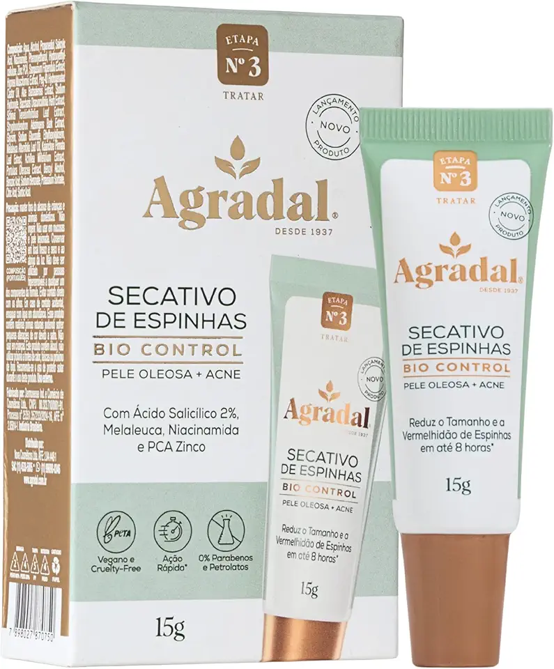 Agradal, Secativo de Espinhas Bio Control, Reduz o Tamanho e a Vermelhidão, Pele Oleosa e Acne, 15g, Verde