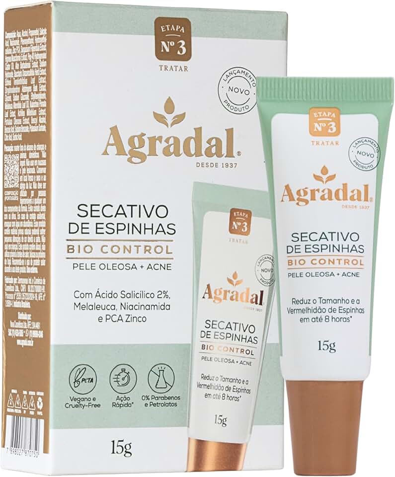 Agradal, Secativo de Espinhas Bio Control, Reduz o Tamanho e a Vermelhidão, Pele Oleosa e Acne, 15g, Verde