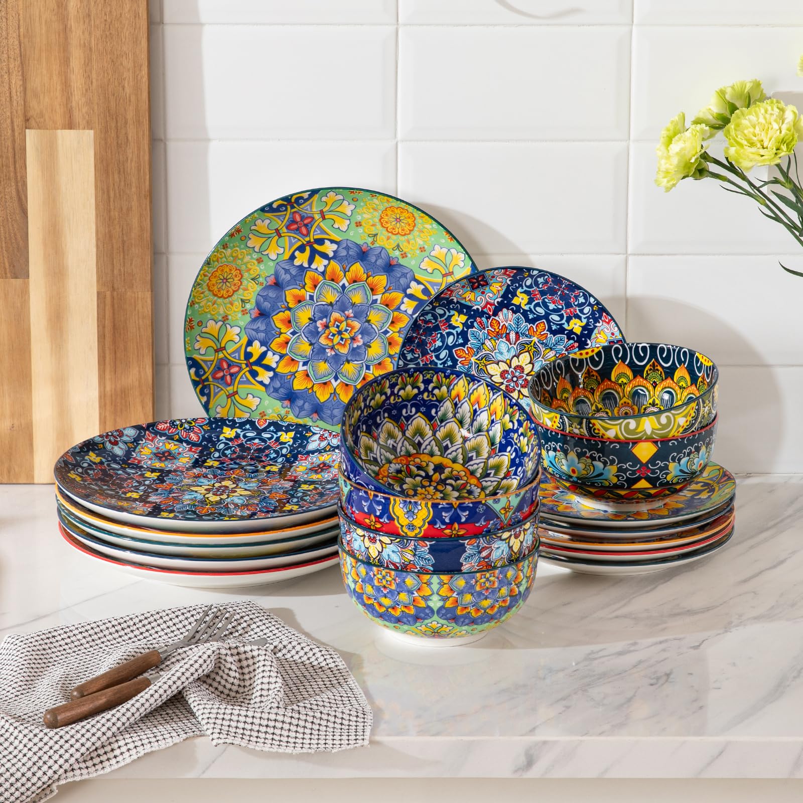 Sweejar Home Set di piatti piani in ceramica stile bohémien, 15-25 cm