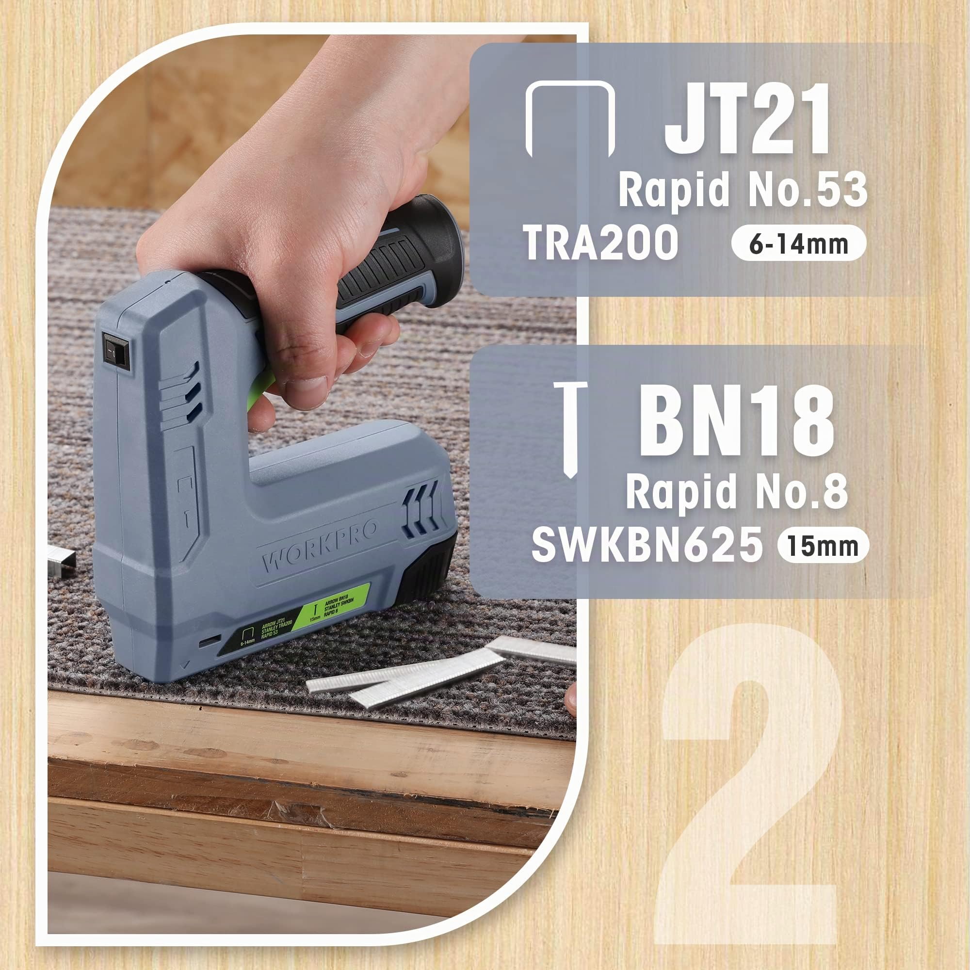WORKPRO Agrafeuse sans Fil 3,6V 2000 mAh avec 2000 Agrafes, Agrafeuse Multifonction 2 en 1 Compatible avec Clous et Agrafes Type 53, 8 pour les Projets de Bricolage en Ameublement, Menuiserie(Gris)