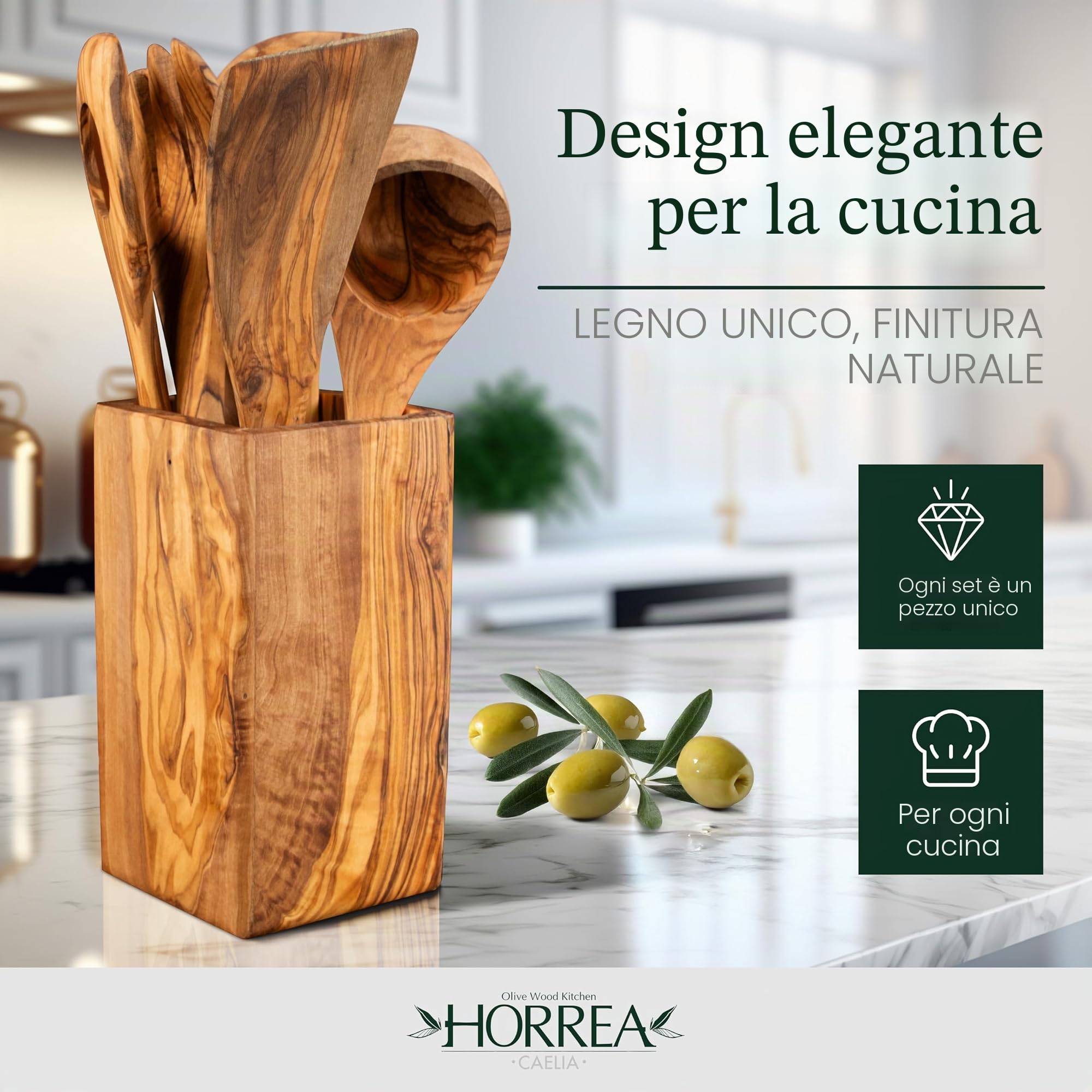 HORREA CAELIA - Set di 7 cucchiai, realizzato a mano in legno d'ulivo, spatola, mestolo, mestolo, cucchiaio, forchetta da insalata, cucchiaio, spatola con contenitore in legno d'ulivo, sostenibile