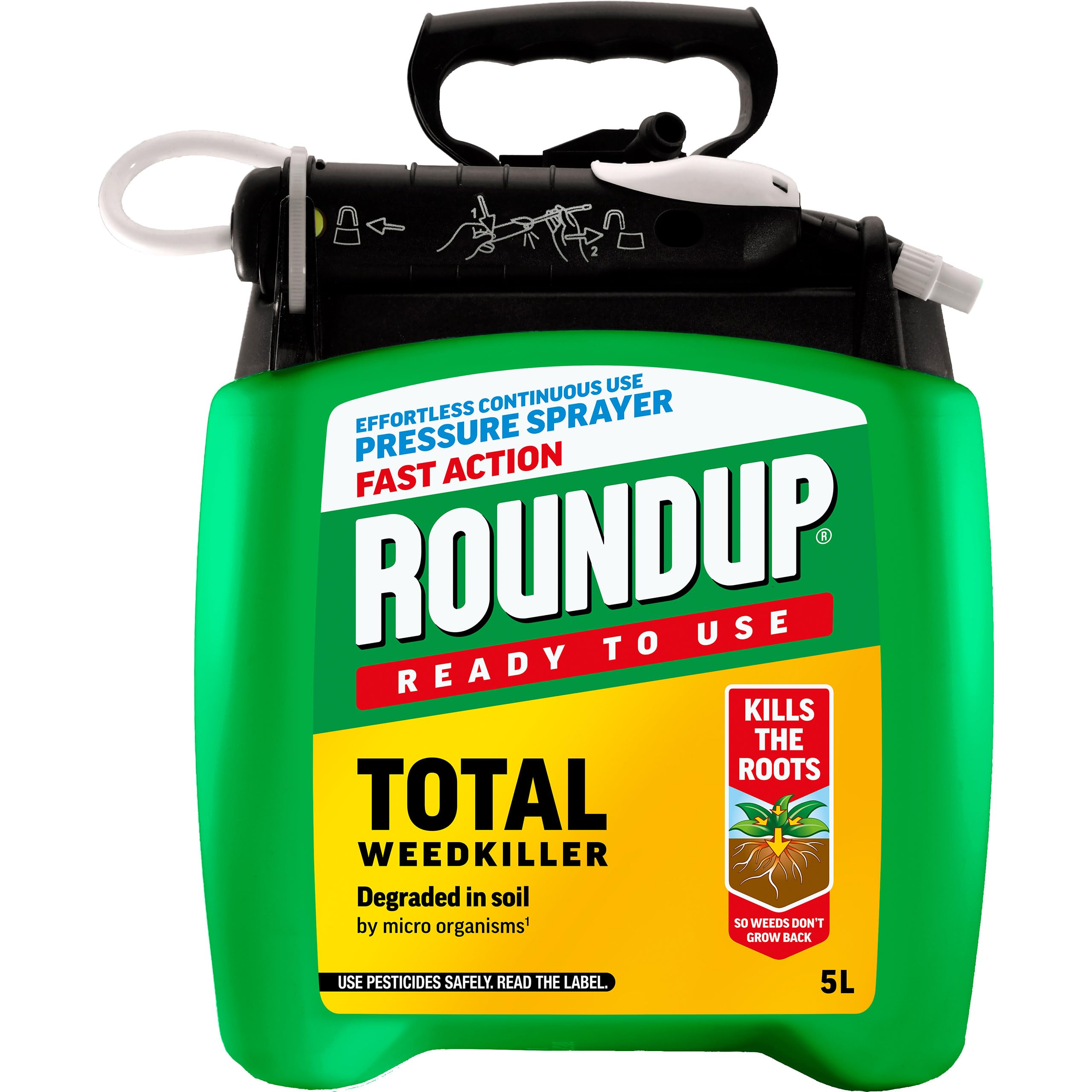 Roundup Fast Action Weedkiller Pump 'N Go Spray – 5L Ready-to-Use Glyphosate Formula – Kills Weeds & Roots with Visible Results in 1-2 Days – Refillable Pressure Sprayer with Extendable Lance