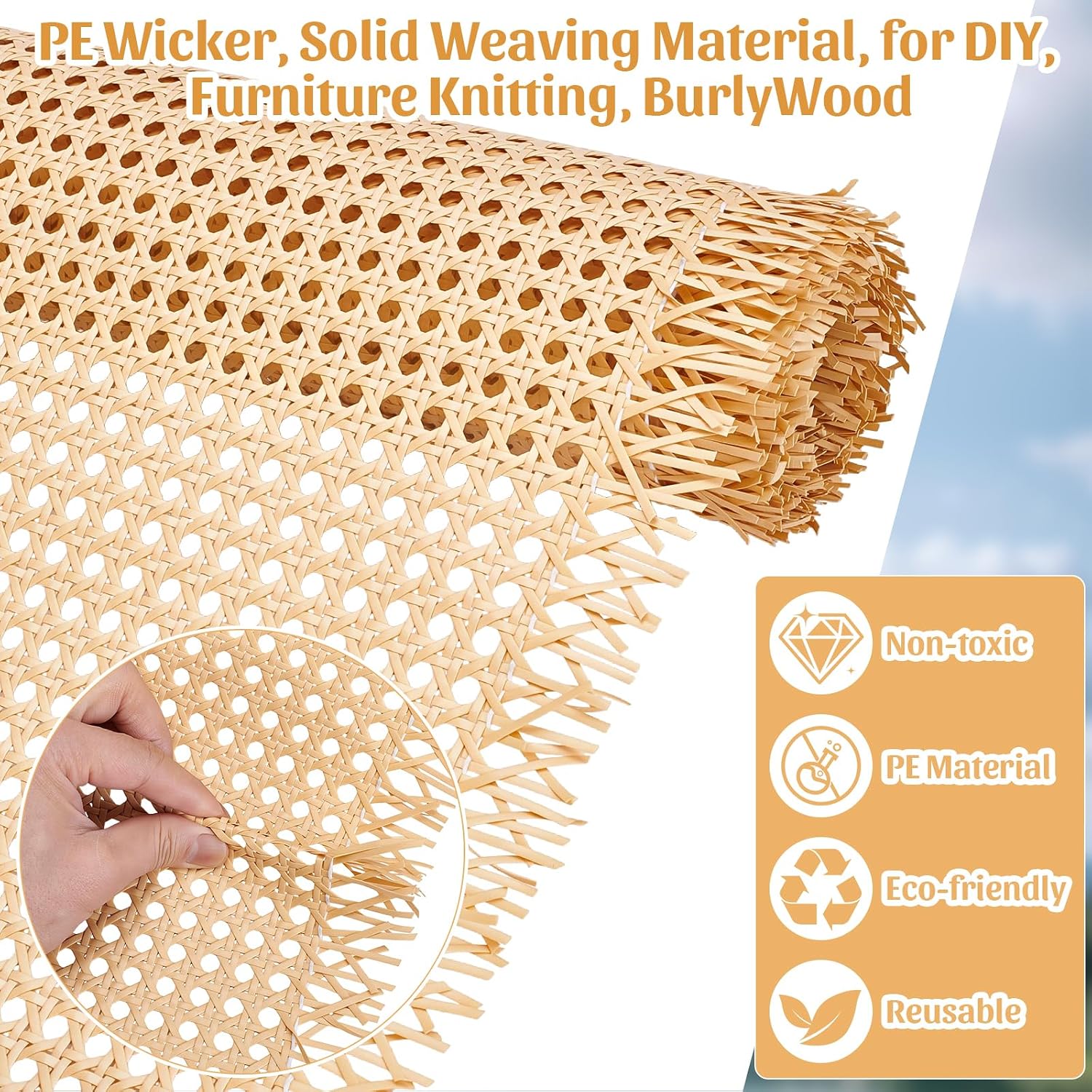 INTERWARM 18.4"x9.8FT Plastic Cane Webbing Roll, Faux Cane Open Weave Mesh Handwoven PE Synthetic Rattan Rolls for DIY Furniture Decoration Beds Chairs Cabinets Ceilings, Burlywood