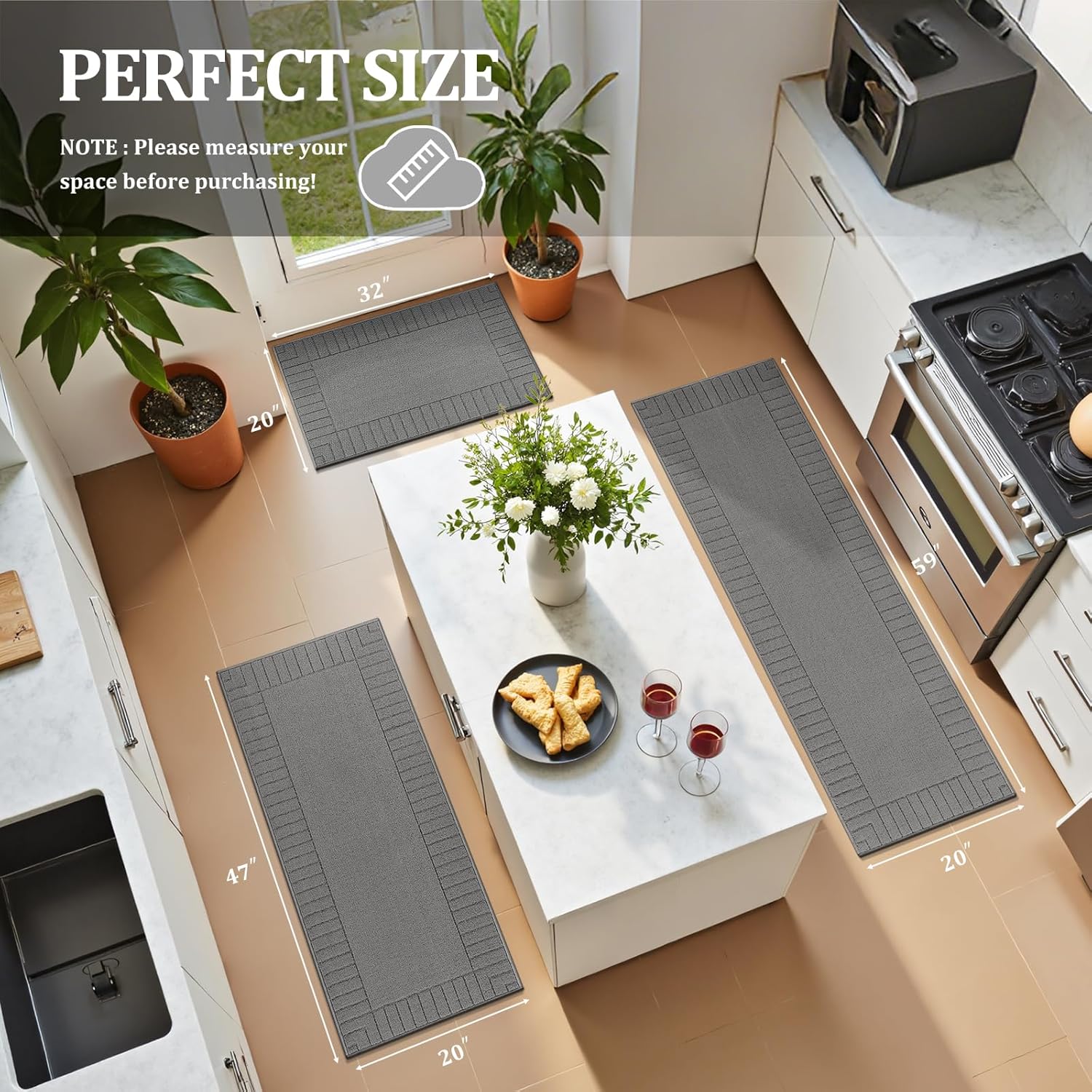 Pauwer Kitchen Mats for Floor 3 Piece Set Non Slip Kitchen Rugs Washable Farmhouse Kitchen Floor Mats Thick Long Area Rug Carpet Runner for Hallway Entryway Laundry Bathroom, Grey