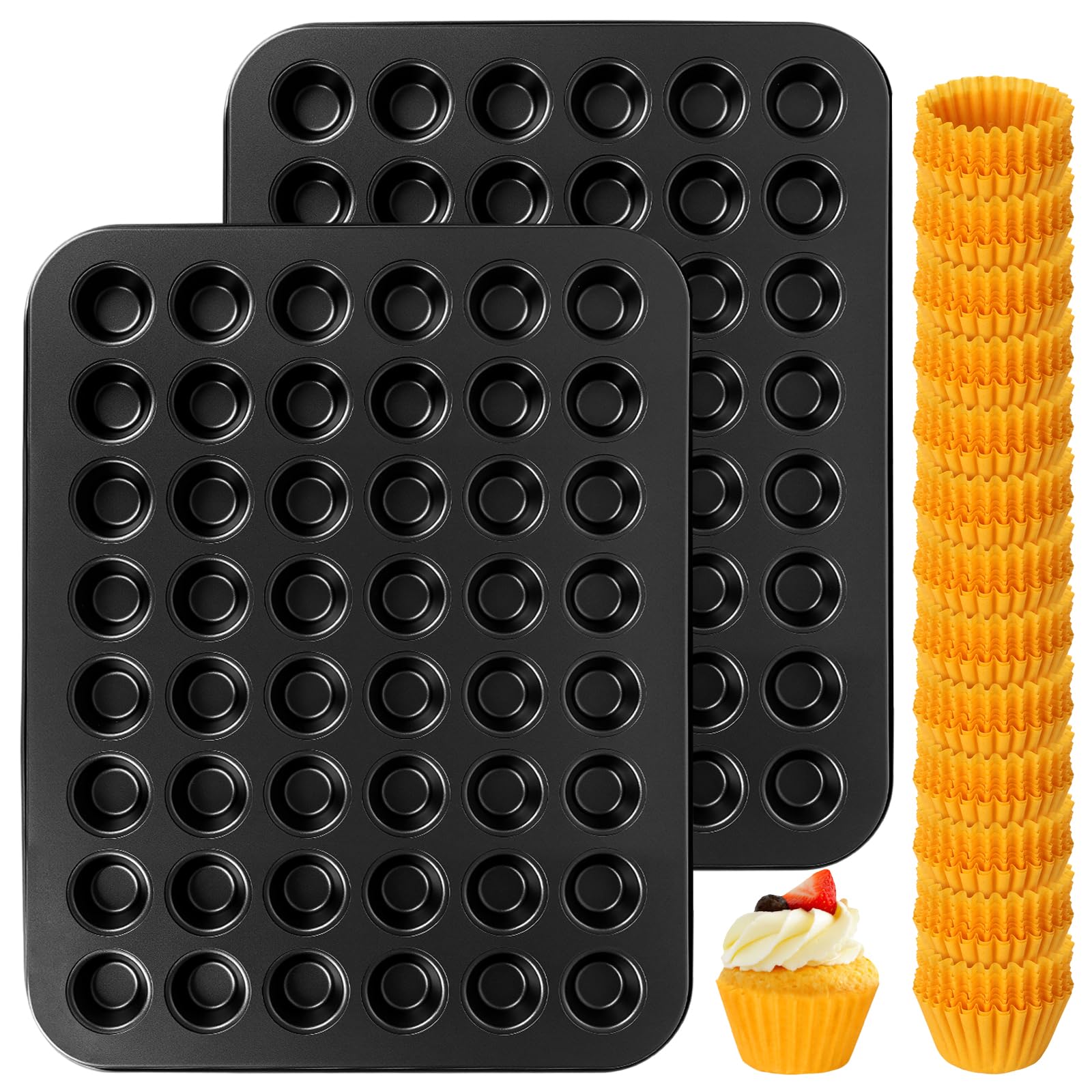 2 Pcs 48-Cup Mini Muffin Pans with 1000 Paper Cupcake Liners, Carbon Steel Nonstick Small Cupcake Pan, Round Mini Muffin Tin for Baking, Dishwasher Safe