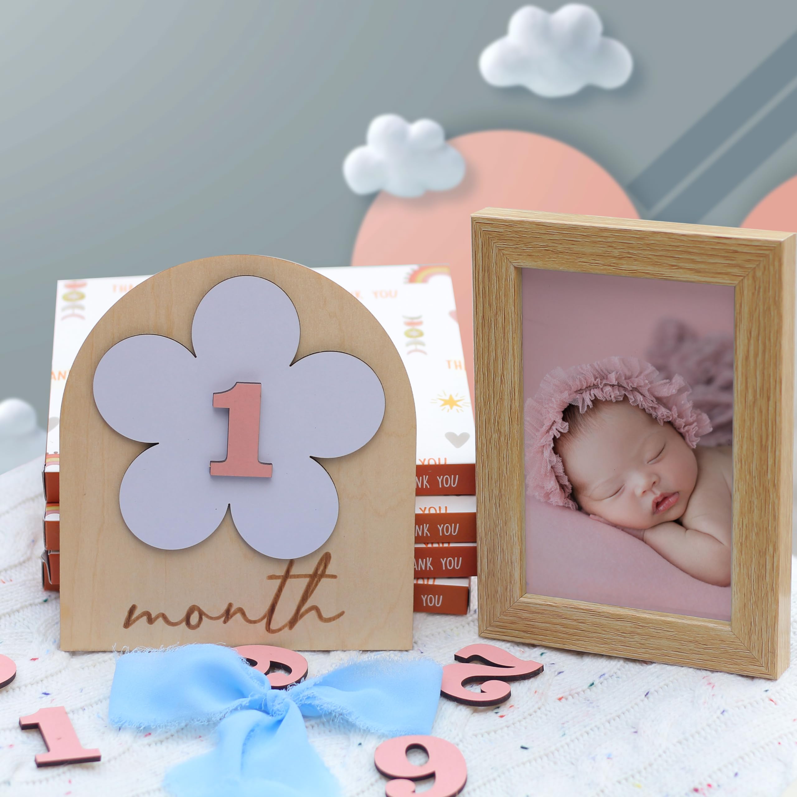 Baby Monthly Milestone, Wooden Baby Milestone Signs, Monthly Milestone Wood Discs, Baby Milestone Discs, Baby Photo Props Cards Interchangeable Number Set of 12 for Baby Growth Recording (Baby flower)