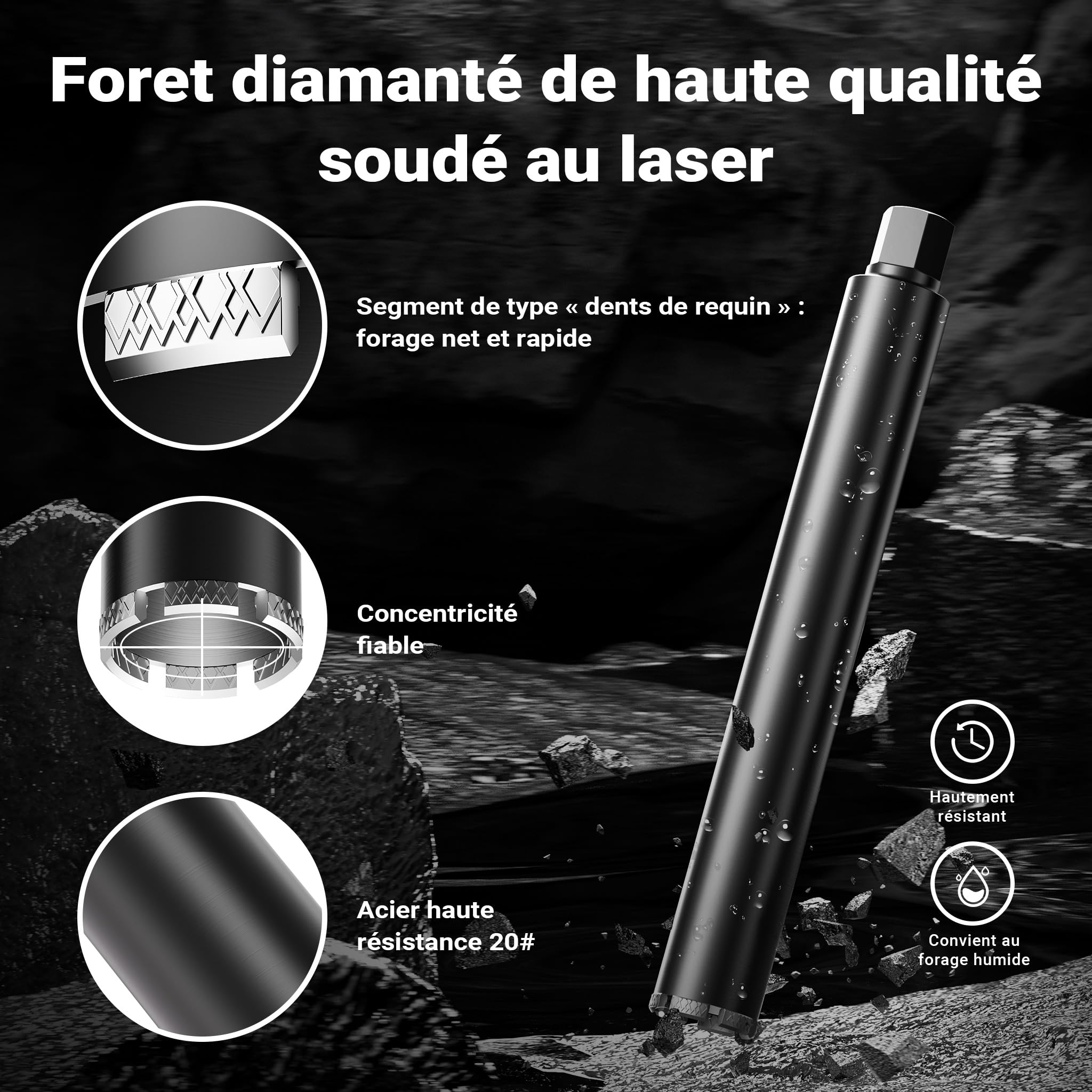 Wiltec Foret diamant pour Carotteuse Ø 67 mm – Haut rendement – 1¼ UNC – Longueur 450 mm – Métal fritté – Forage à humide – Chantier Carrelage Béton – Trépan Couronne Diamant