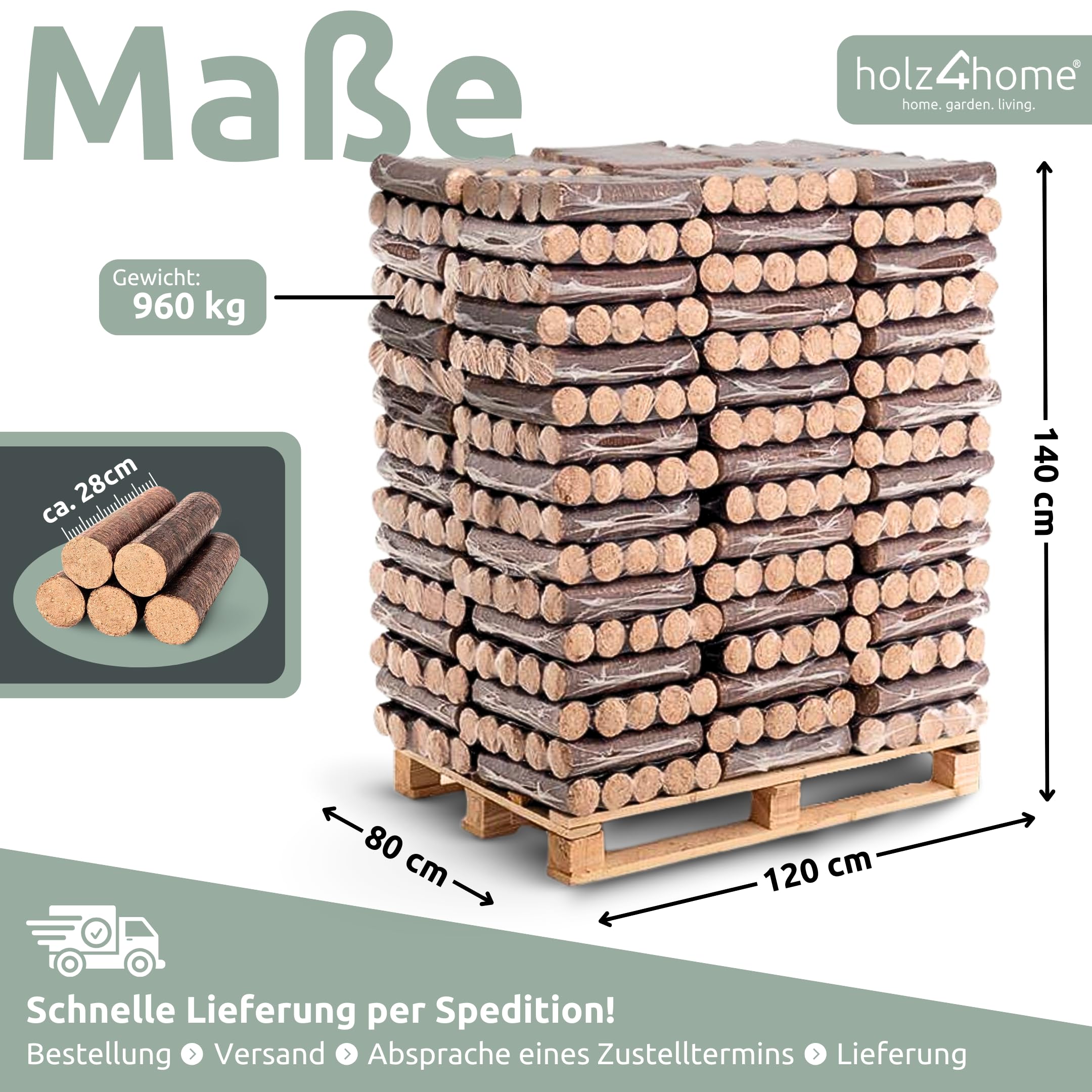 holz4home® Hartholz-Eichenbriketts I Holzbriketts 960 kg auf Palette I Brennholz als Winter Vorrat I Kaminholz Briketts I Ideal für Heizen mit Ofen Kamin