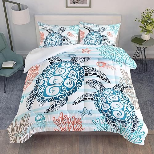 HOSIMA Juego de edredón de tortuga marina, juego de edredón de dormitorio con temática de playa costera, tamaño Queen para decoración de habitación