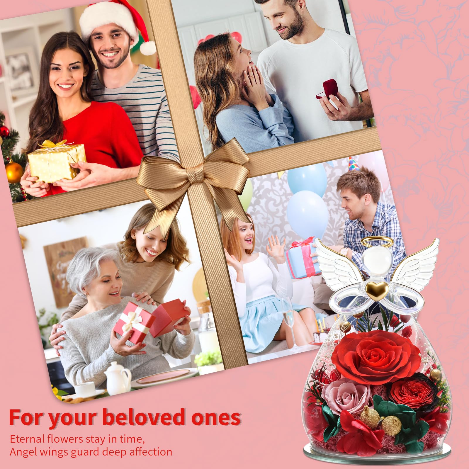 Figurine d'ange éternelle - Cadeau pour femme, maman, épouse - Anniversaire, Noël - Fleur éternelle avec éclairage LED (rouge et rose)