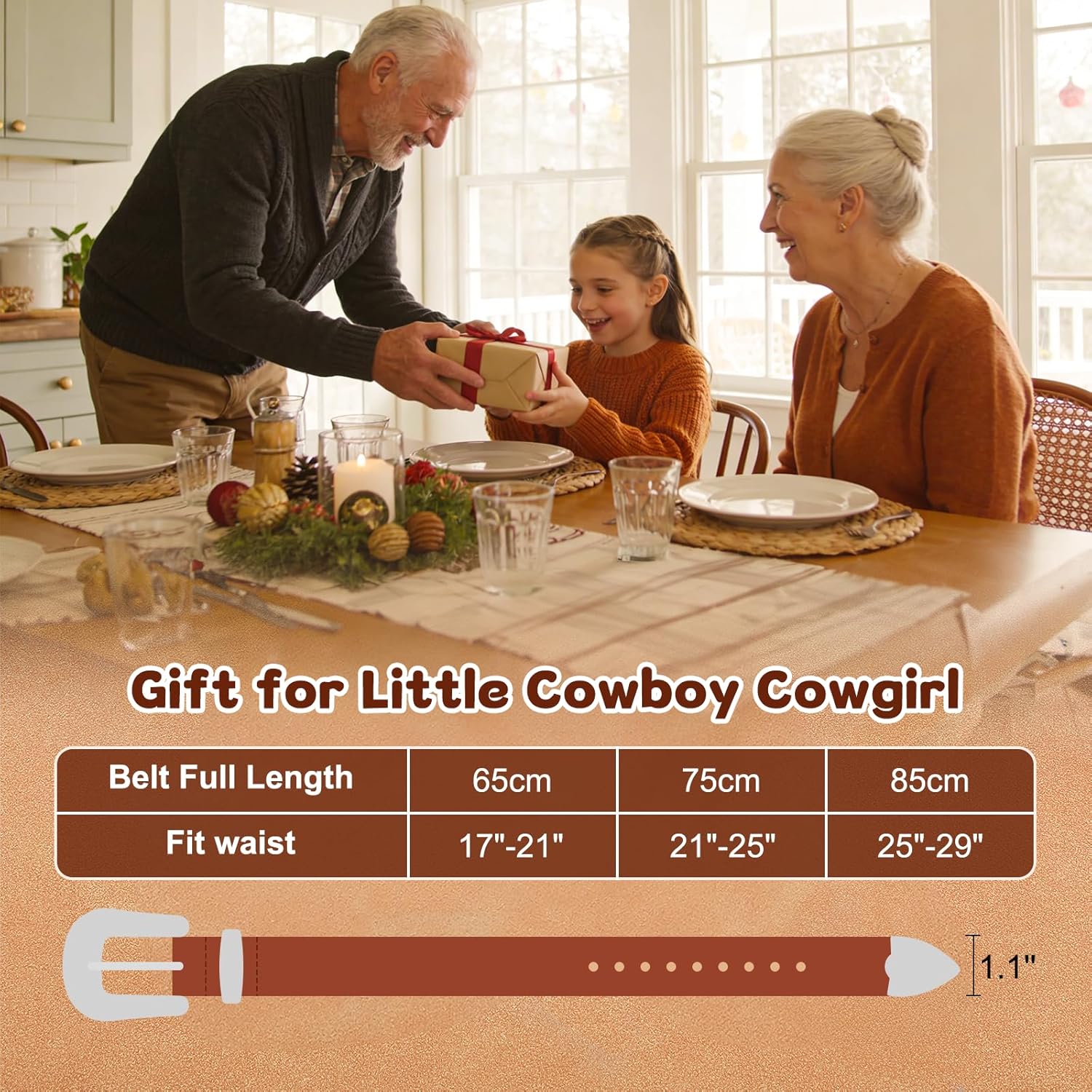 Kids Western Belt, 1.1'' Width Girls Boys Cowboy Leather Belt with Vintage Buckle & Floral Curved - for Jeans Dresses