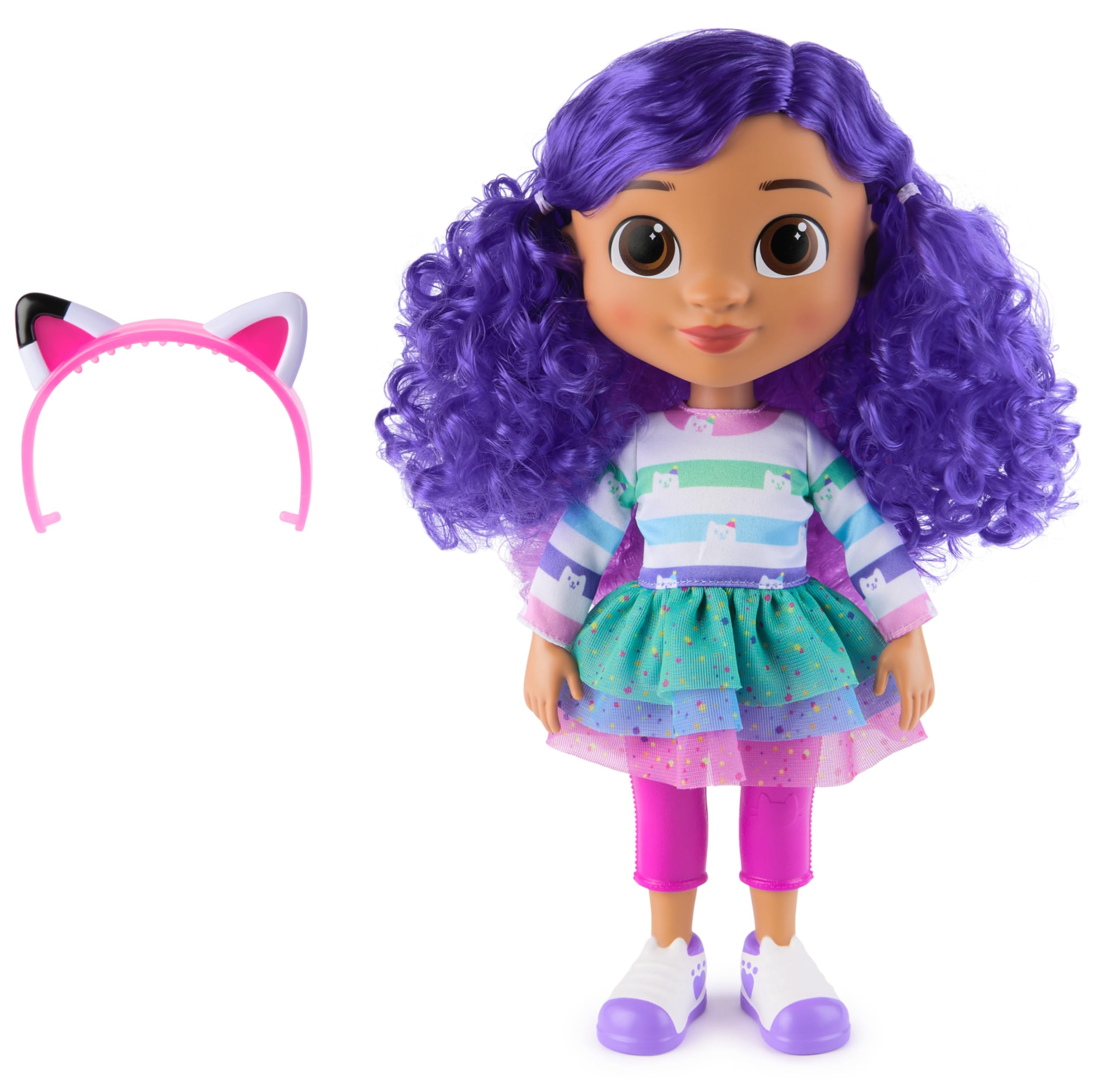 Gabby's Dollhouse, Bambola Gabby Girl Musica e Festeggiamenti, Alta 33 cm con Effetti sonori e Orecchie da Gatto reversibili, Giocattoli per Bambine e Bambini dai 3 Anni in su