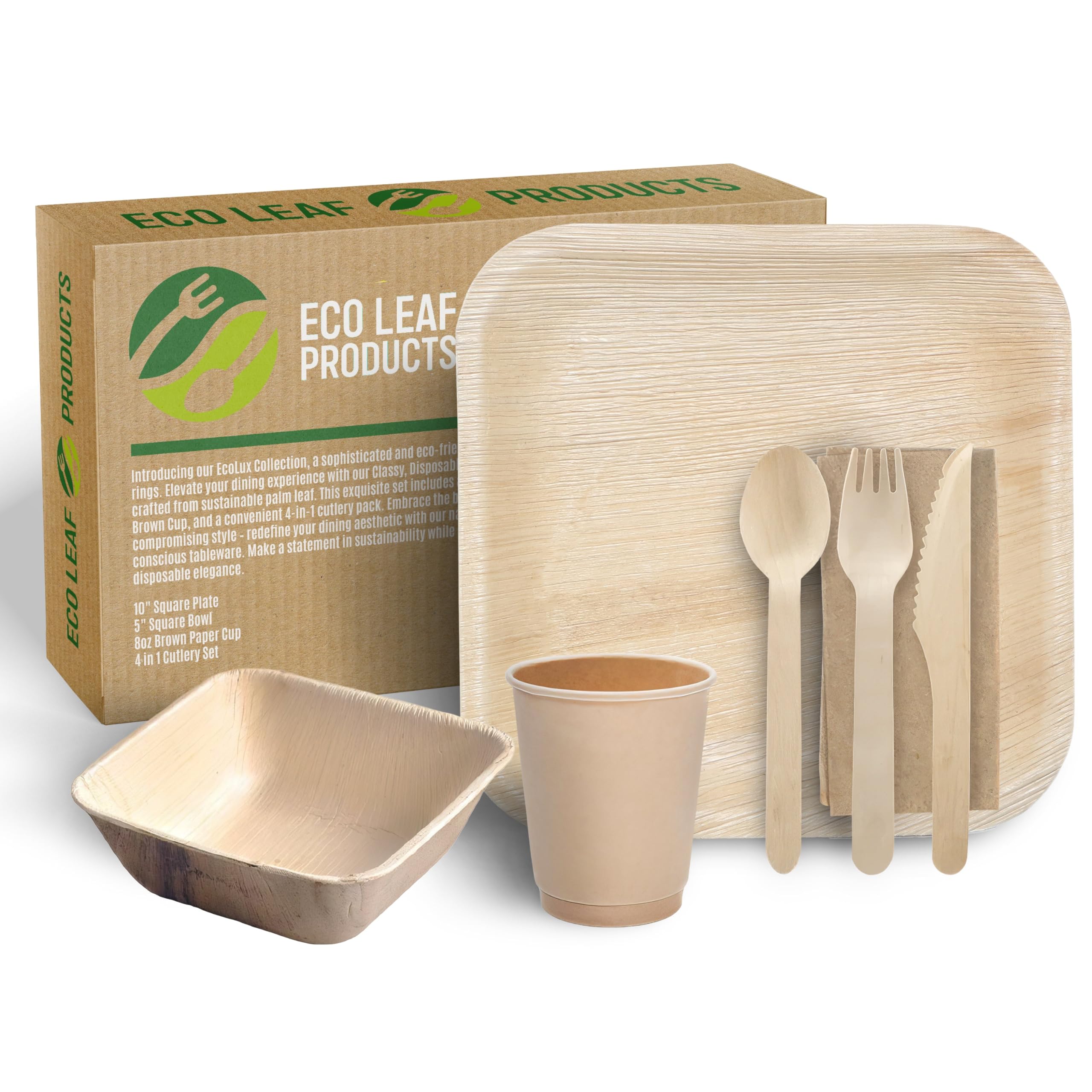 ECO Leaf 350 Pcs Disposable Palm Leaf Dinner Set | 50 X 10 Square Plates, 5" Square Bowls, 8oz Bamboo Paper Cups, Wooden Cutlery Set | Eco-Friendly Heavy-Duty Bundle for Wedding, Party, Picnic