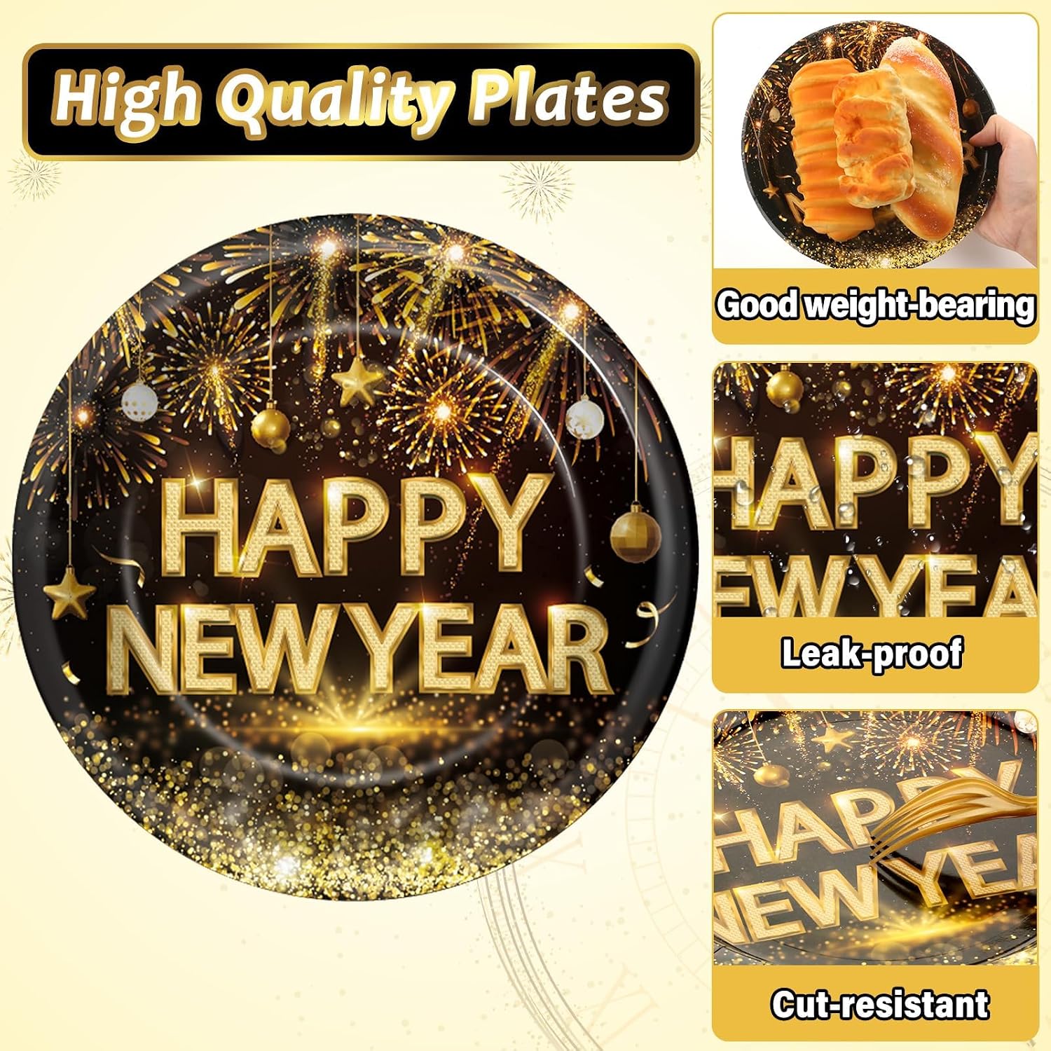 100pcs Happy New Year Plates and Napkins Party Supplies Black and Gold 2026 New Year's Evening Disposable Tableware Set NYE Dinner Dessert Dinnerware Decor Holiday Party Celebration for 25 Guests image 4
