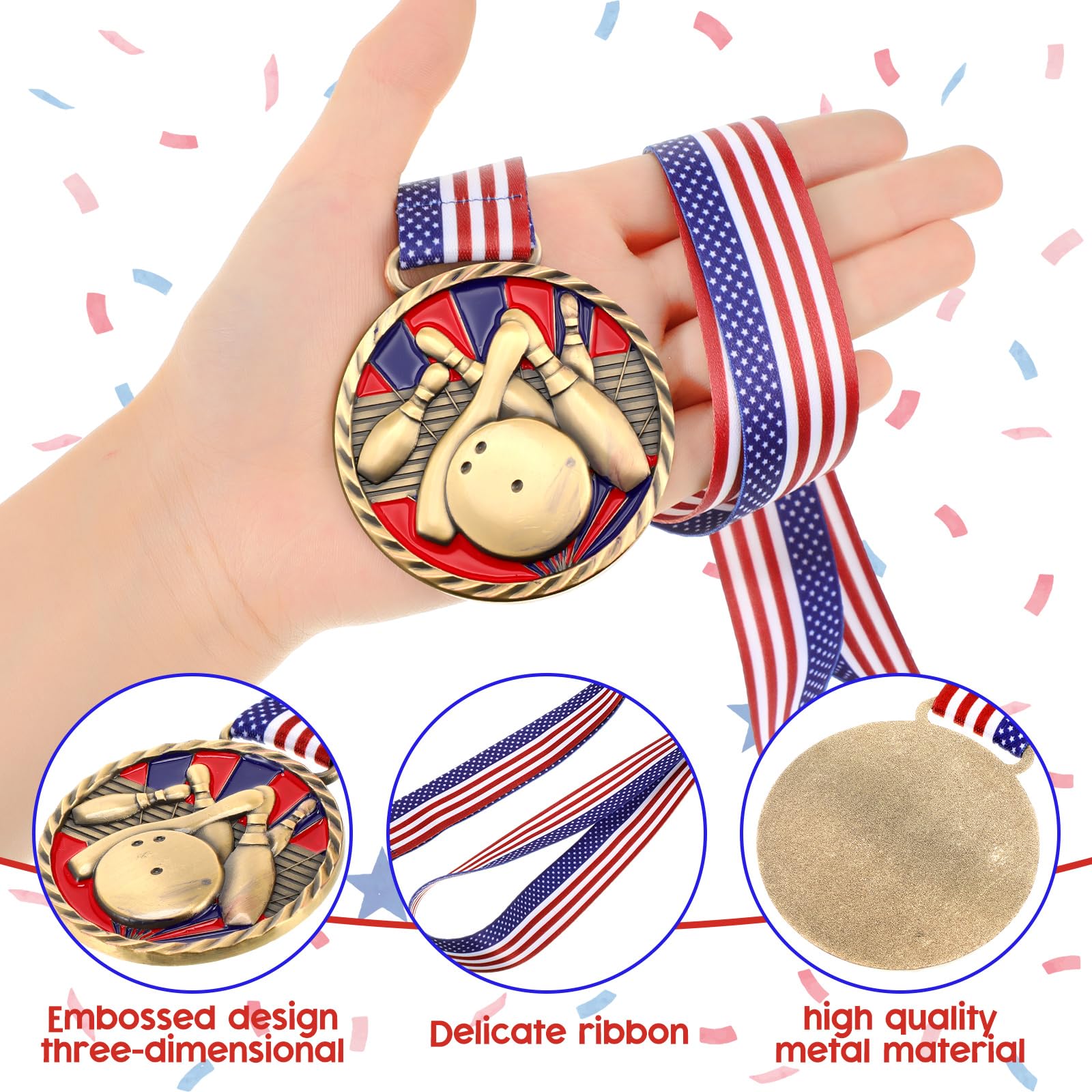 Huquary 3 medallas de bolos de 2.5 pulgadas, trofeo de bolos de oro, plata, bronce, medallas de premio con estrellas y rayas, cinta de bandera estadounidense para competiciones, torneo de recuerdo de