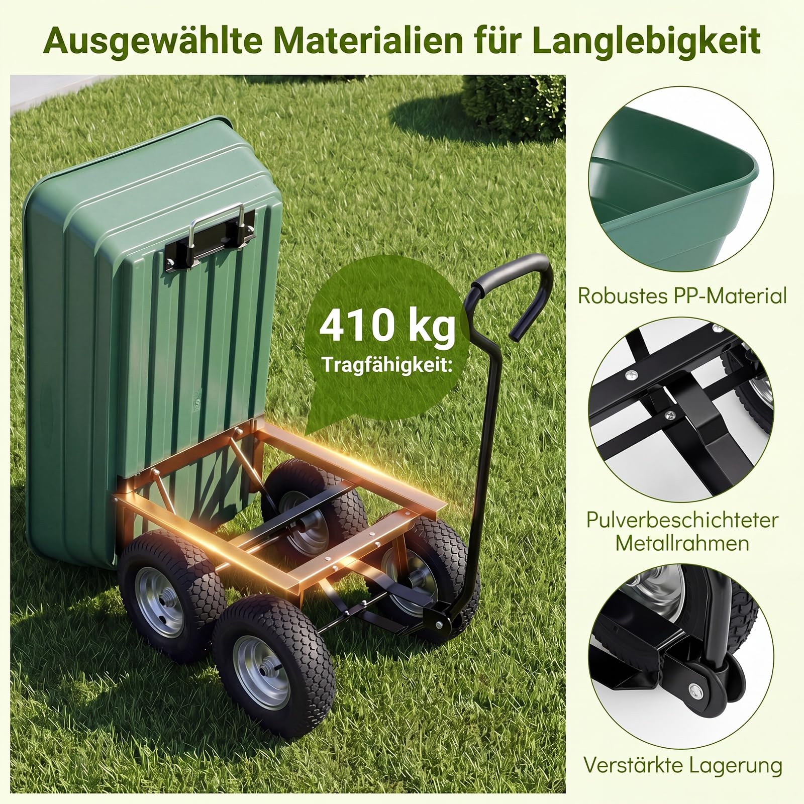 COSTWAY Bollerwagen, 400 kg | 125 L | Kippfunktion, Gartenwagen mit verstellbarem Griff & Luftreifen, Transportwagen Metall, Kippwagen Sackkarre, für Garten, Hof, Camping, 120x56x61,5 cm, Schwarz
