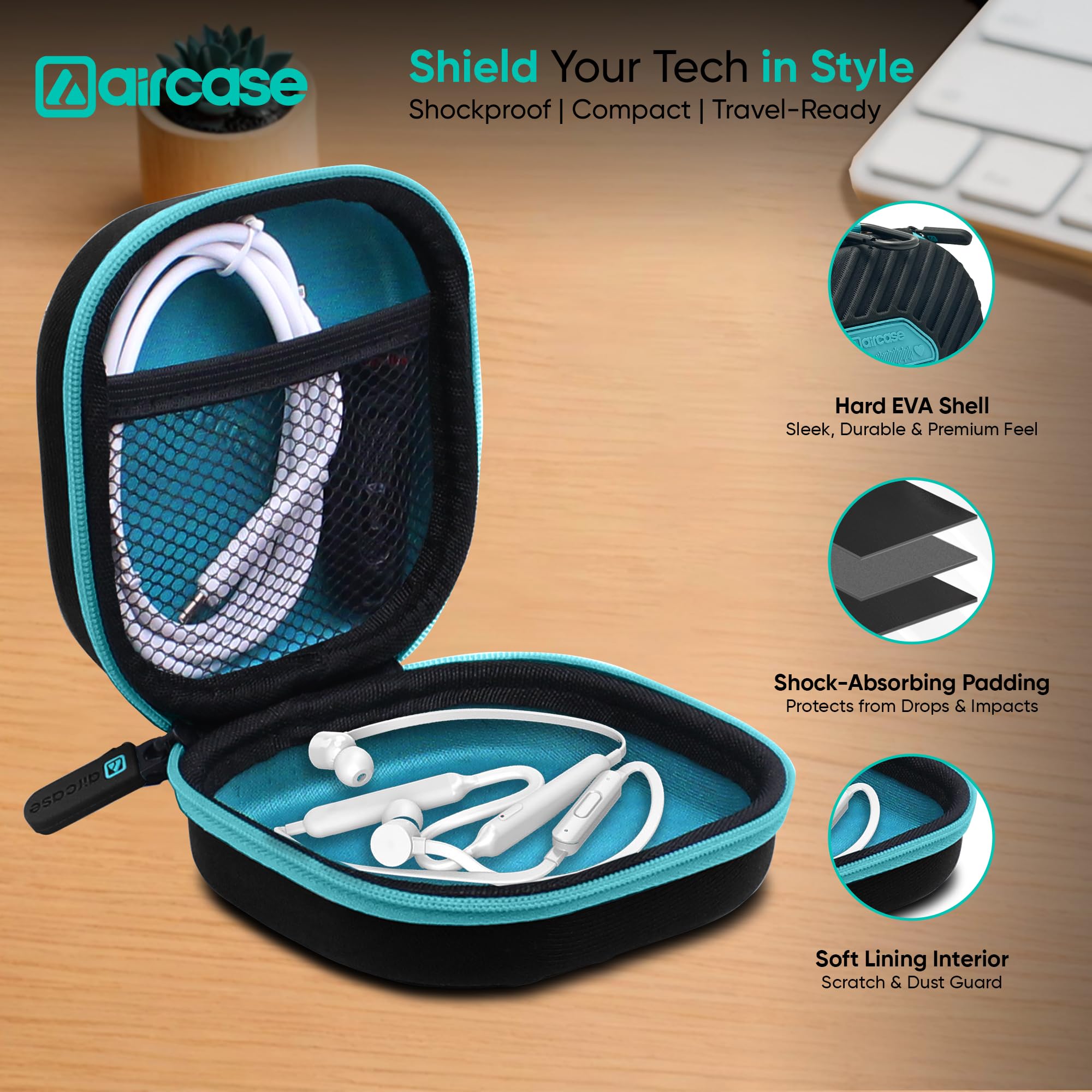 AirCase Earphone Carrying Case Cover with Shockproof EVA Hardshell & Soft Lining| Travel Organizer Pouch with Carabiner, Mesh Pocket, Zipper Closure for Earbuds, USB Drives, SD Cards, Cables (Black)