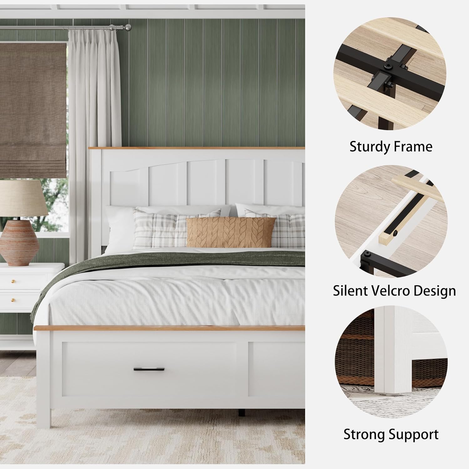 Queen Bed Frame, Wooden Queen Size Platform Bed Frame with Headboard, Farmhouse Style Wood Grain Headboard, Sturdy Wood Slats, No Springs Required, No Noise, Easy Assembly, White