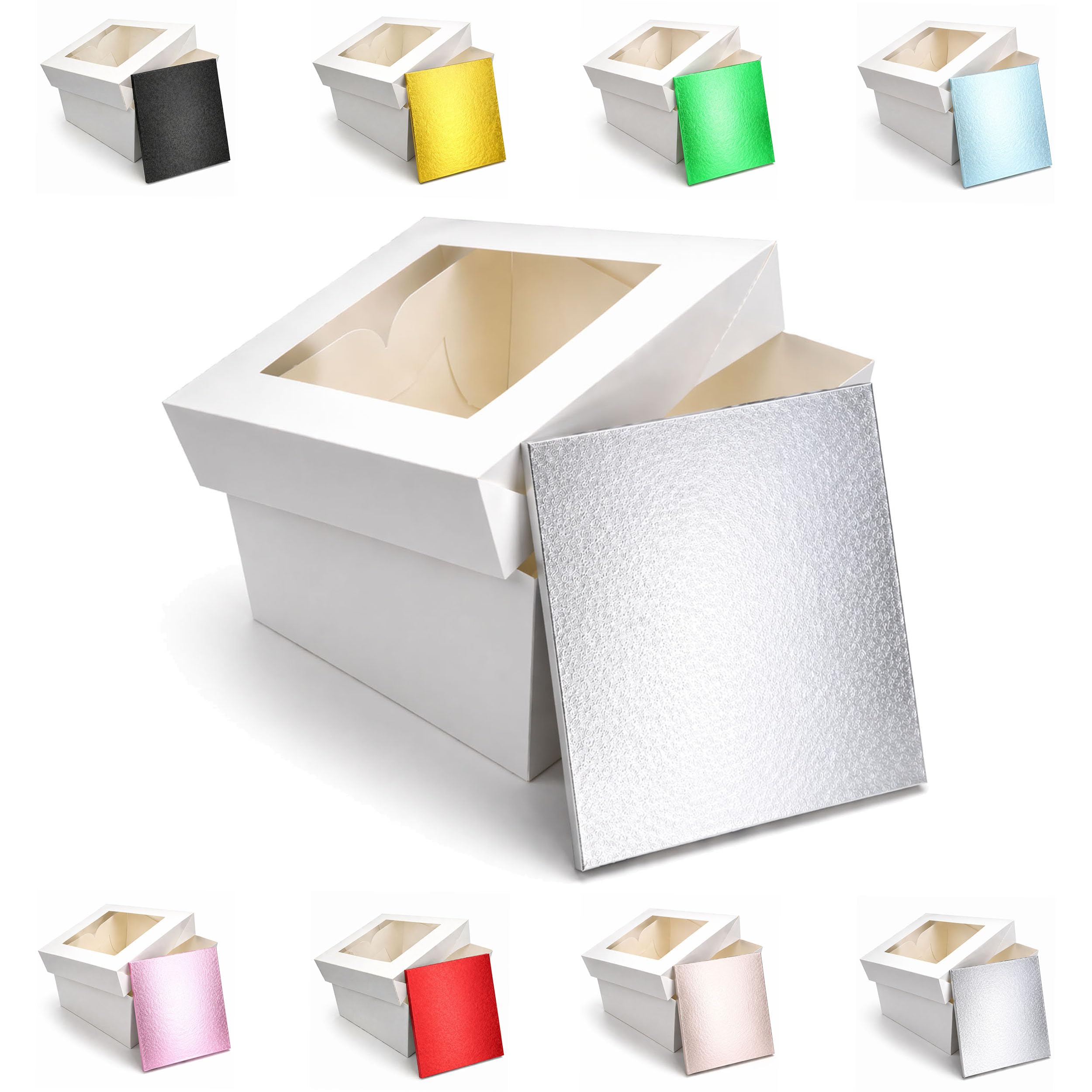 LARRYROO Square Colour Cake Drum Board & White Box with Clear Display Window + Lid Combo Pack for Wedding, Birthday Cakes (Silver, 10 Inch)