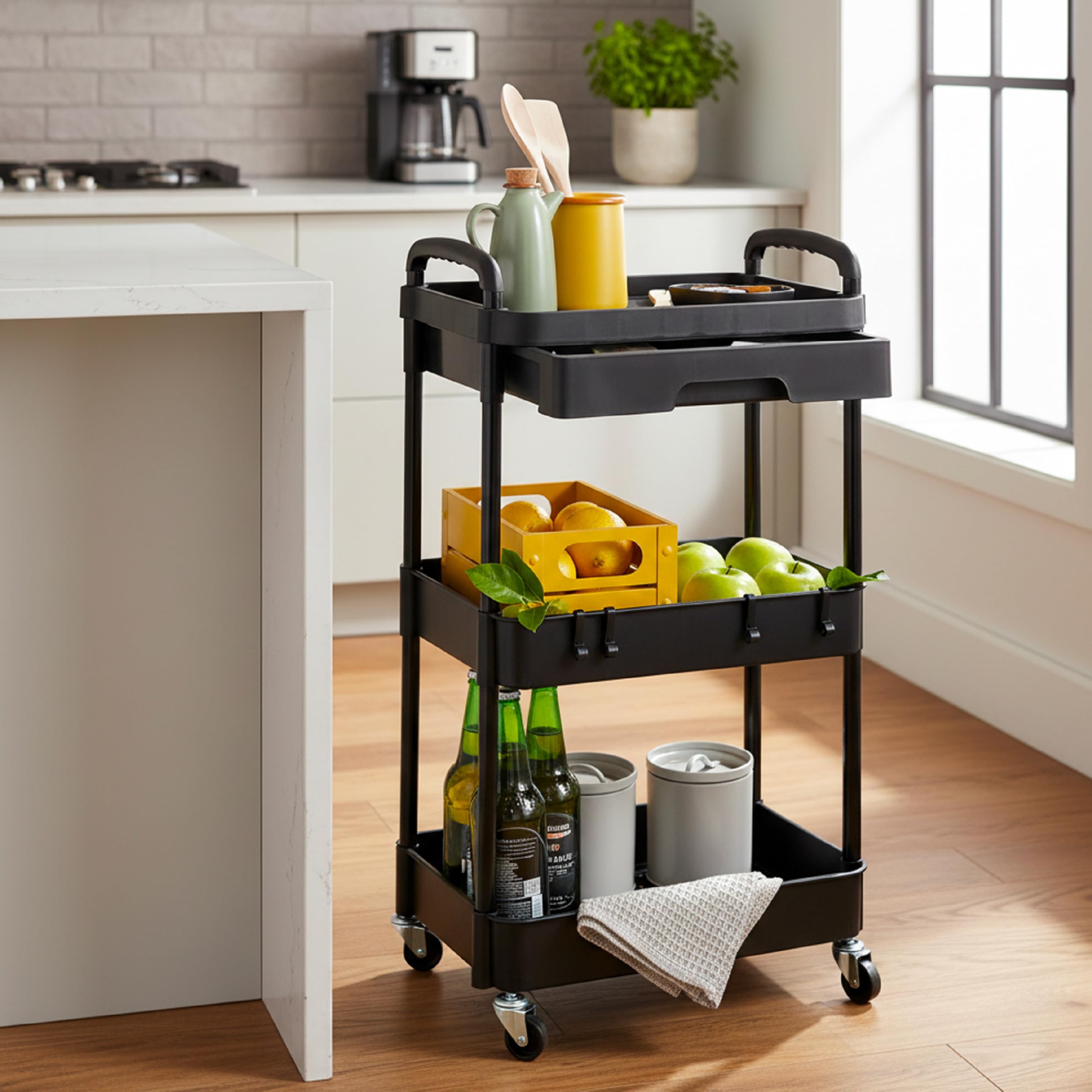 Baroni Home Carrello Portaoggetti con Ruote e Freno, 3 Ripiani con Cassetto, Struttura Resistente con Maniglie, Organizer Salvaspazio per Cucina, Bagno e Cameretta (Nero)