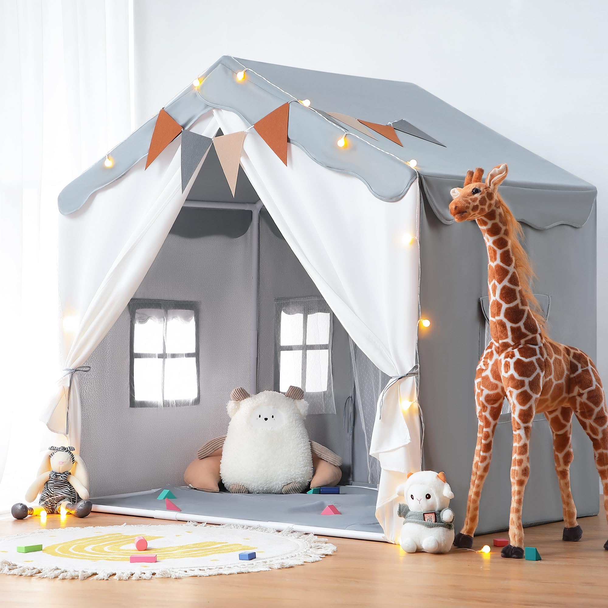2-in-1 Kids Play House Tent for Girls & Boys – Indoor Toddler Tent with Lights & Pad, Children Tents for Kids & Toddlers, Large Bed Tents, Princess Playhouse with 2 Doors grey