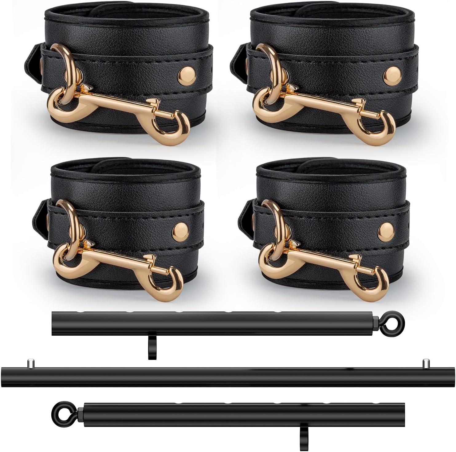 Heavy Duty Stainless Steel Expandable Spreader Bar with 4pcs PU Crocodile Red Adjustable Straps, Training Fitness Kit,Home Indoor Sports Yoga Set (Black+Black PU Kit)