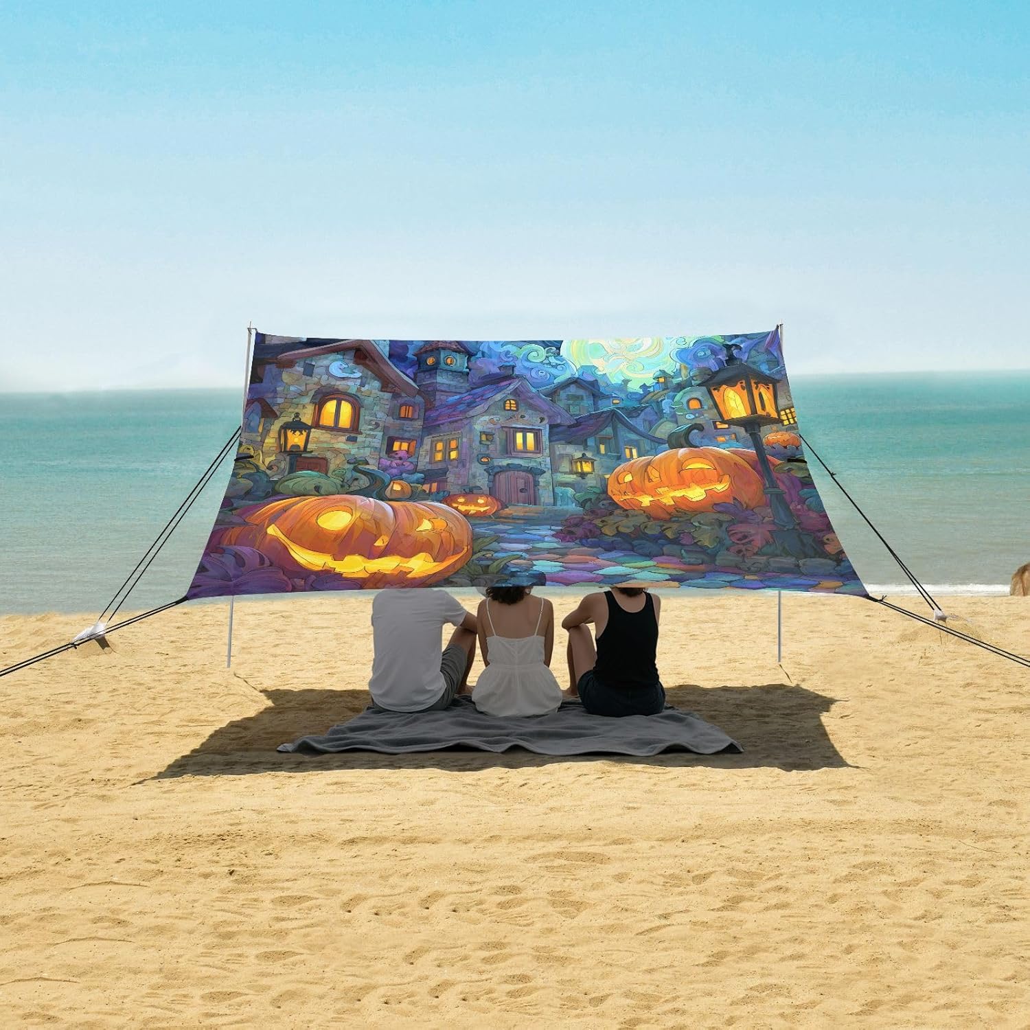 ALAZA Pumpkin House Halloween Beach Tent Sun Shelter UPF50+ Protection Beach Shade Canopy w/ 4 Sandbags for Outdoor Camping, Fishing, Backyard Fun, Picnic, 10x9 ft