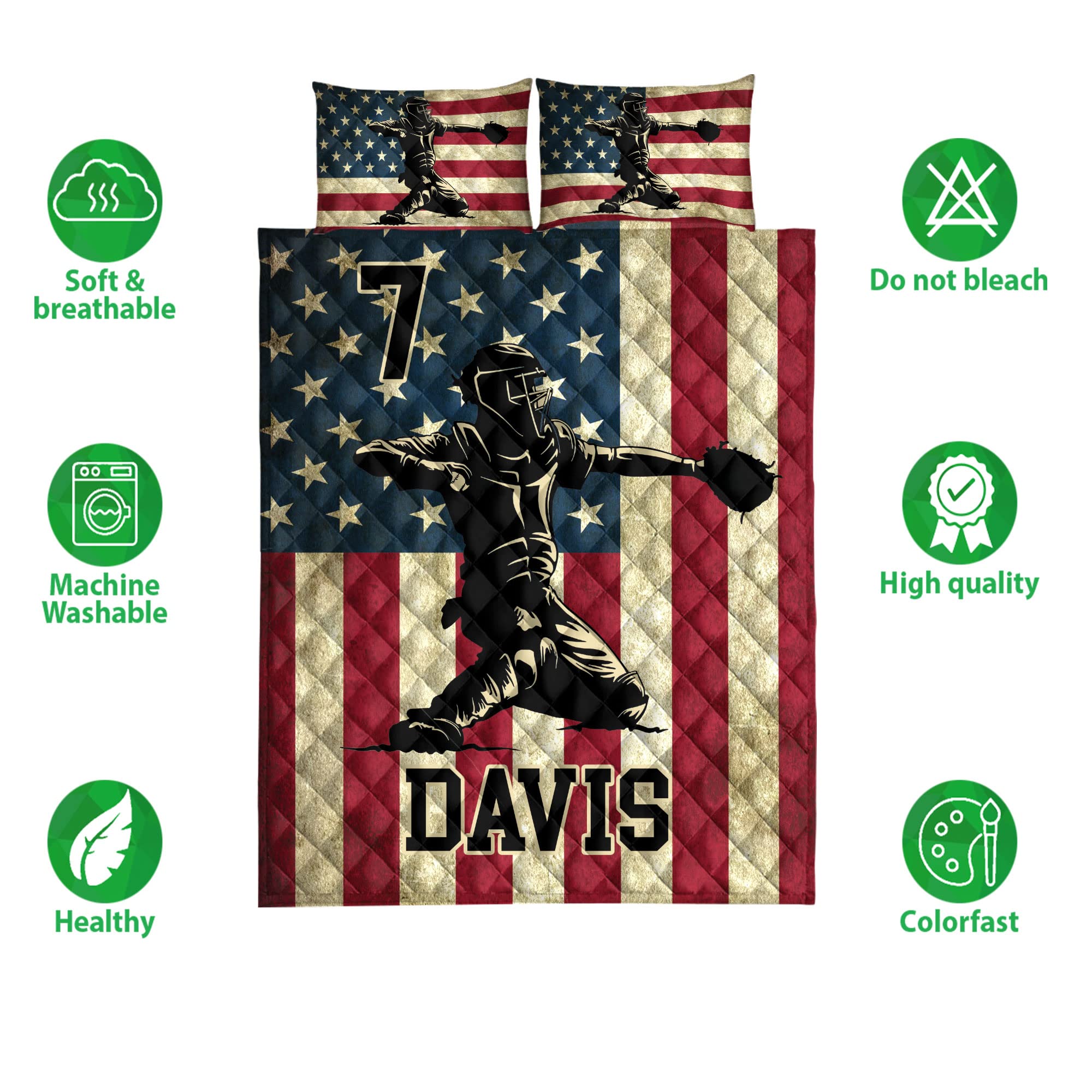 OhaPrints Custom Baseball Catcher America Us Flag Player Fan Personalized Name Number Quilt Blanket & Pillowcases, Quilts Bedding Set & Pillow Cover, King Queen Double Twin Throw Full Size Bed Sets