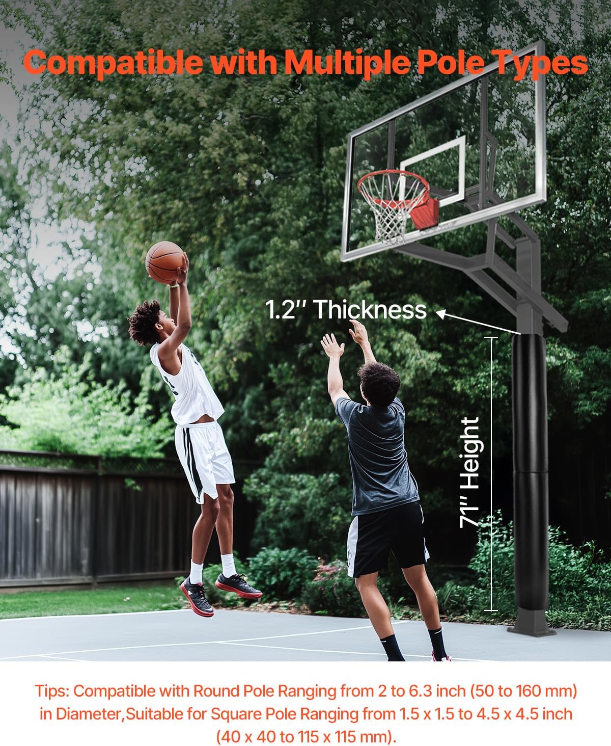 VEVOR Basketball Pole Pad, 71 inch Tall and 1.2 inch Thick Heavy Duty Wrap Around Pole Padding, Fits 2-6.3 Round & 4.5x4.5 inch Square Pole, All-Weather Waterproof Protective Pad for Basement Garage