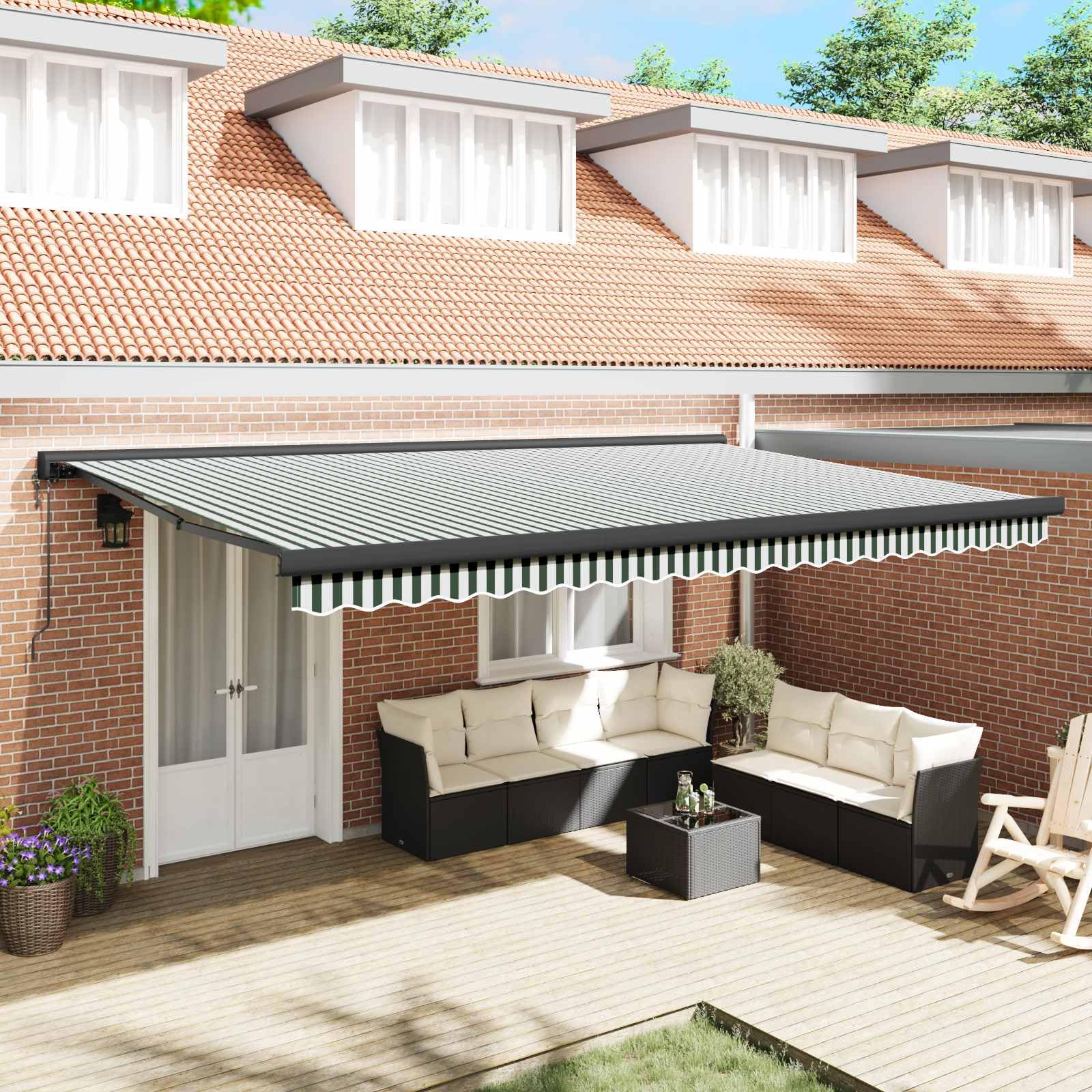 Toldo de brazo articulado 500 x 300 x 165 cm, toldo retráctil para terraza y jardín, tejido de poliéster a rayas verdes y blancas con marco de aluminio, protección solar manual exterior