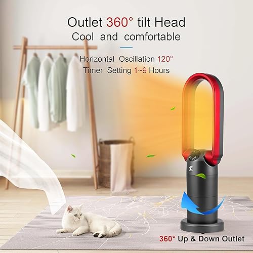 Miniatura 4 de Ocean Loong Combo de ventilador de torre sin aspas de 1500 W y calentador de espacio para el hogar con control remoto temporizador oscilación