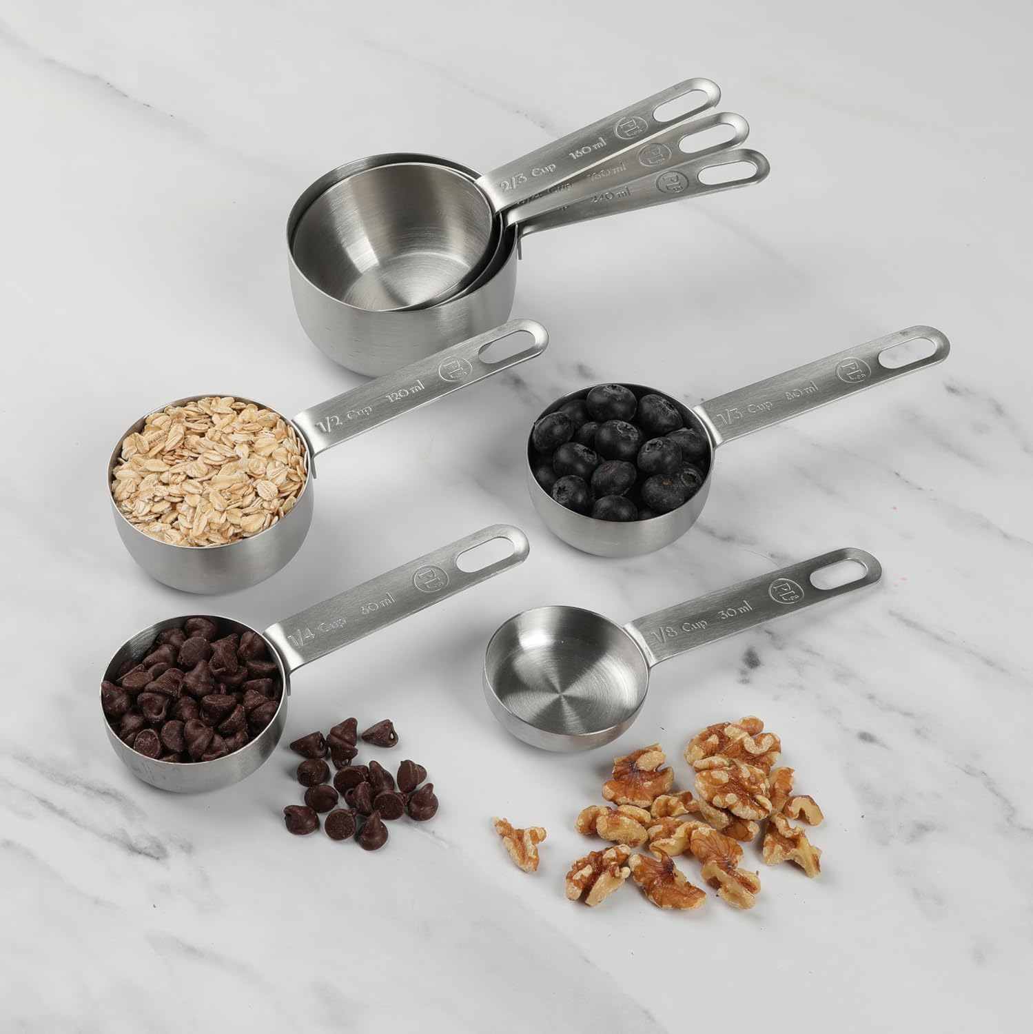 PL8 Stainless Steel Measuring Cup Set - 7-Piece Set with ⅛ to 1 Cup Sizes, Durable Stainless Steel Construction, Rounded Corners for Easy Scooping, Dishwasher Safe
