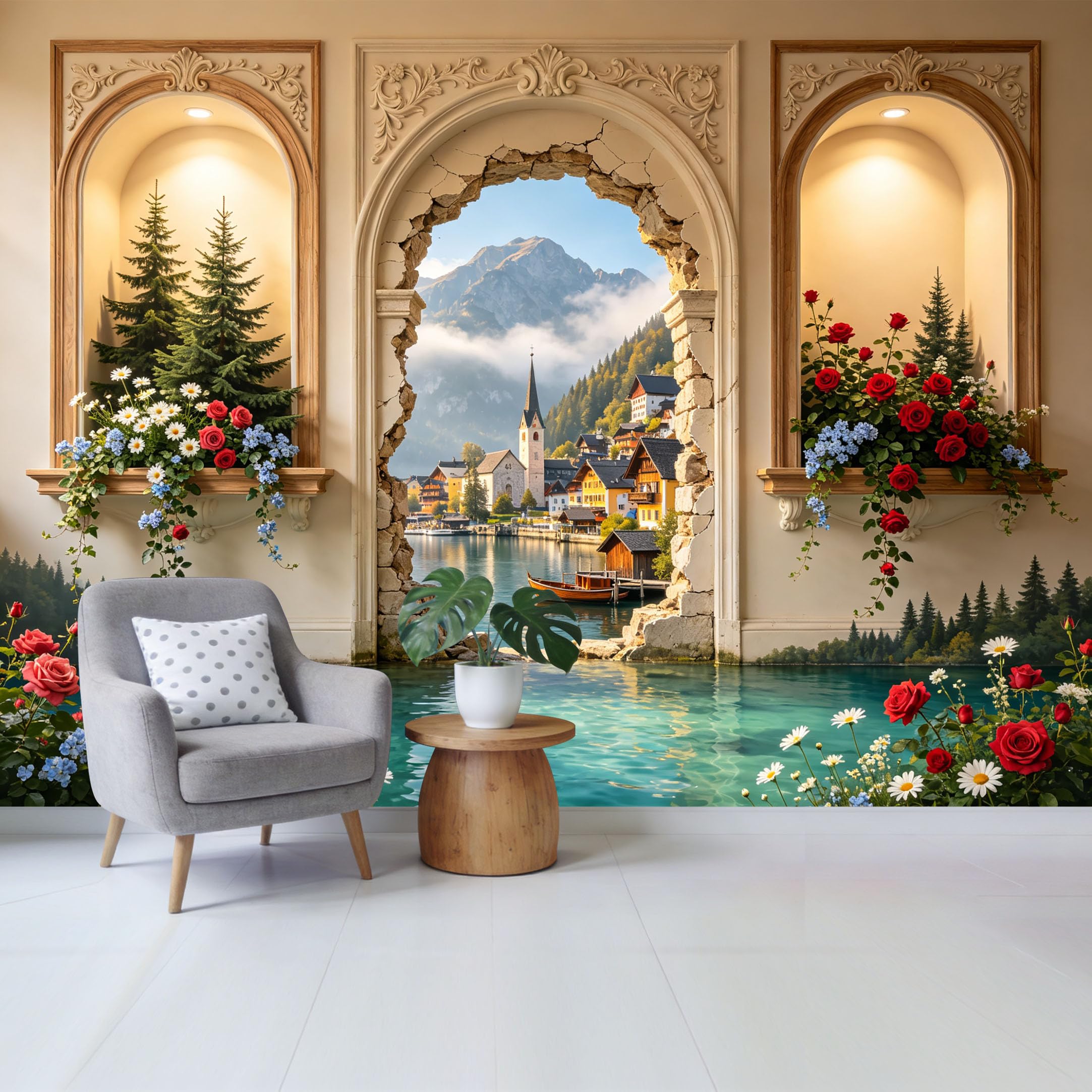 Removable Self Adhesive Fabric Mural， Custom Size Wall Covering Alpine Mountain Lake Village View Floral Garden Archway 3D Landscape UV Protected Waterproof Washable Wall Decor for Living