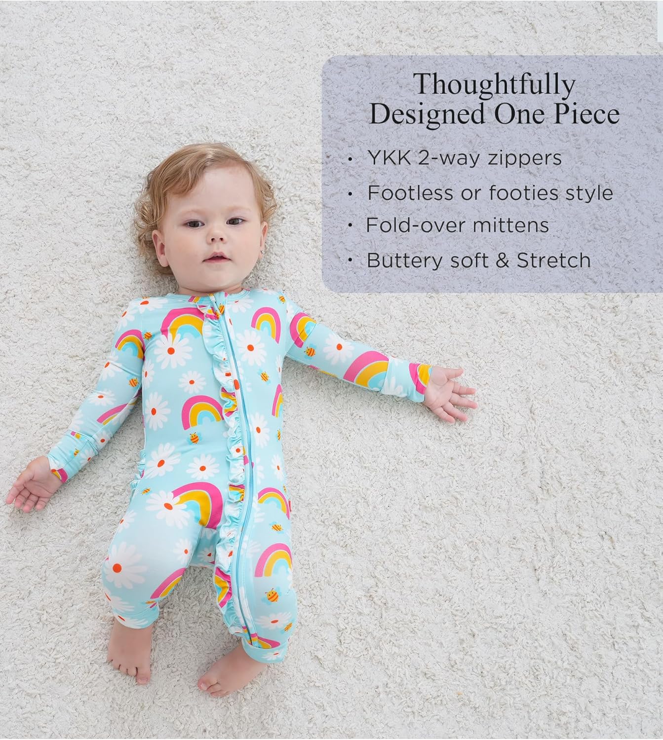 Bamboo Viscose Baby Girl Footless Pajamas Ruffled Baby Sleepers with 2 Way Zipper
