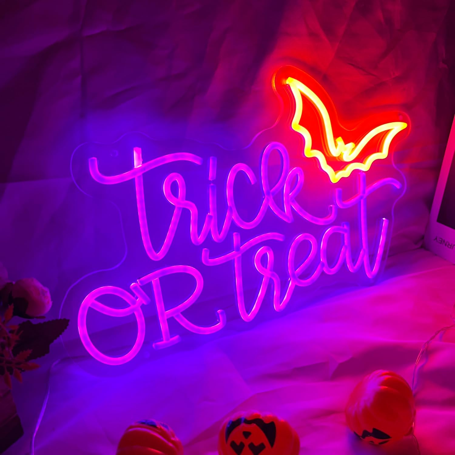 Halloween Neon Sign Trick or Treat Neon Lights for Halloween Decoration Bat Light Up Signs Neon Halloween Sign Powered for Home Party Bar Coffee Stores Window Front Door Bedroom Kids Room